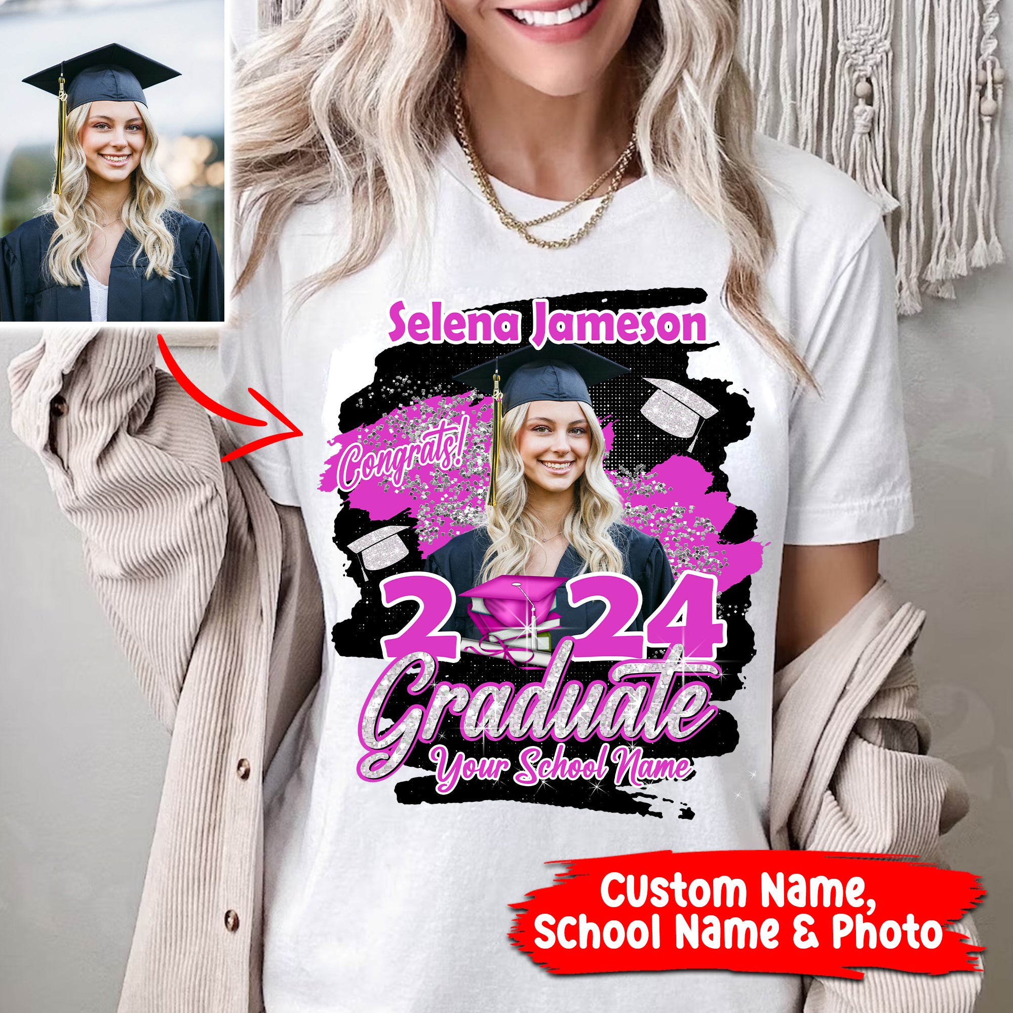 Congrats Graduate 2024 - Custom Photo And Texts Graduation Gift - Personalized T-Shirt