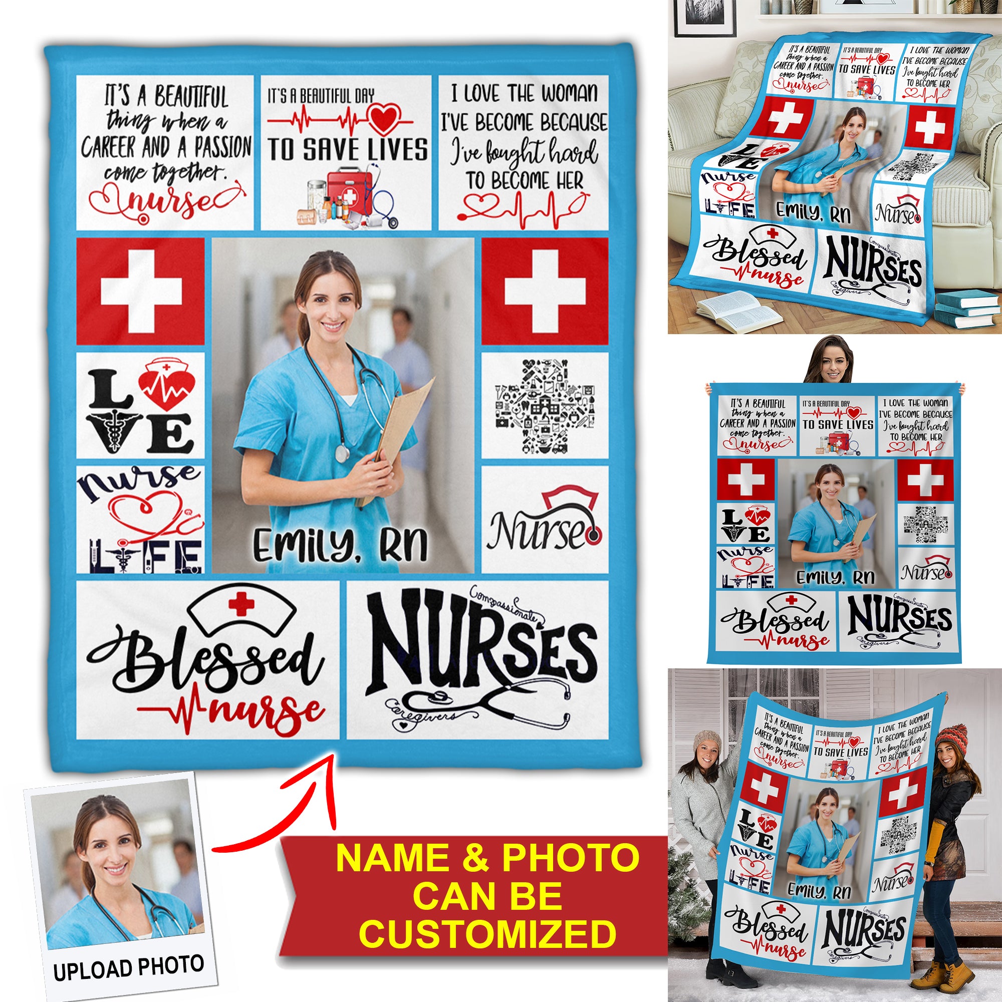Blessed Nurse, It's A Beautiful Day To Save Lives - Custom Photo And name - Personalized Fleece Blanket