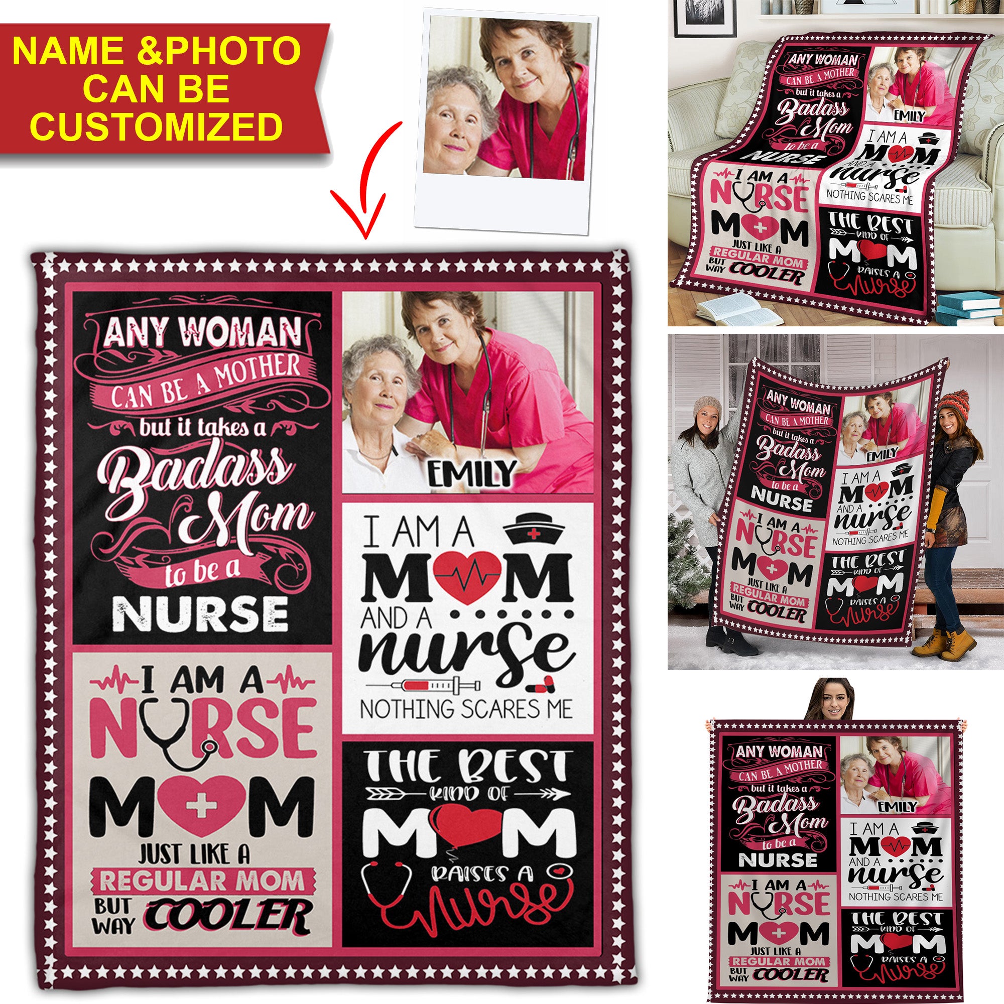 Any Woman Can Be A Mother But It Takes A Badass Mom To Be A Nurse - Custom Photo And Name - Personalized Fleece Blanket