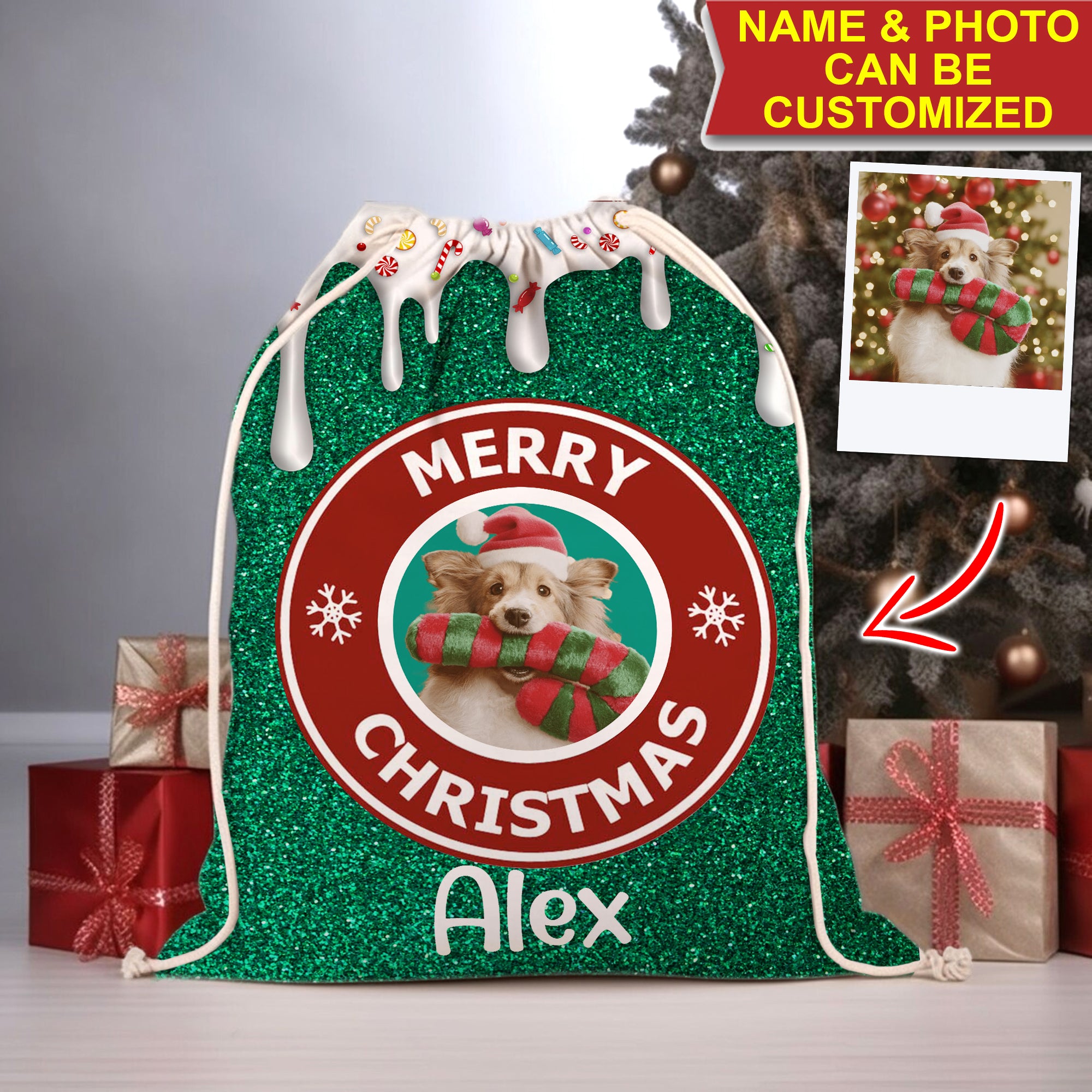 Merry Christmas - Custom Photo And Name, Personalized String Bag, Gift For Pet Lover, Christmas Gift