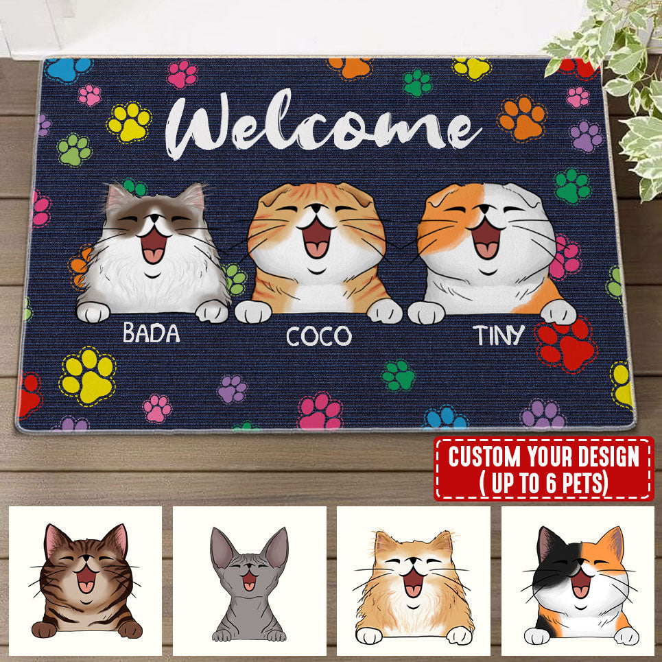 Welcome Cat House Color Paws  - Custom Cats And Names - Personalized Doormat - Pet Lover Gift