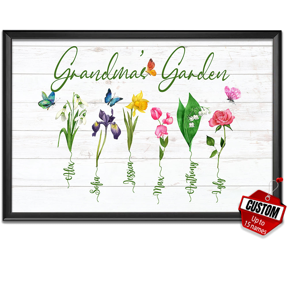 Personalized Grandma Garden Canvas, Family Birth Months Flowers, Gift For Family