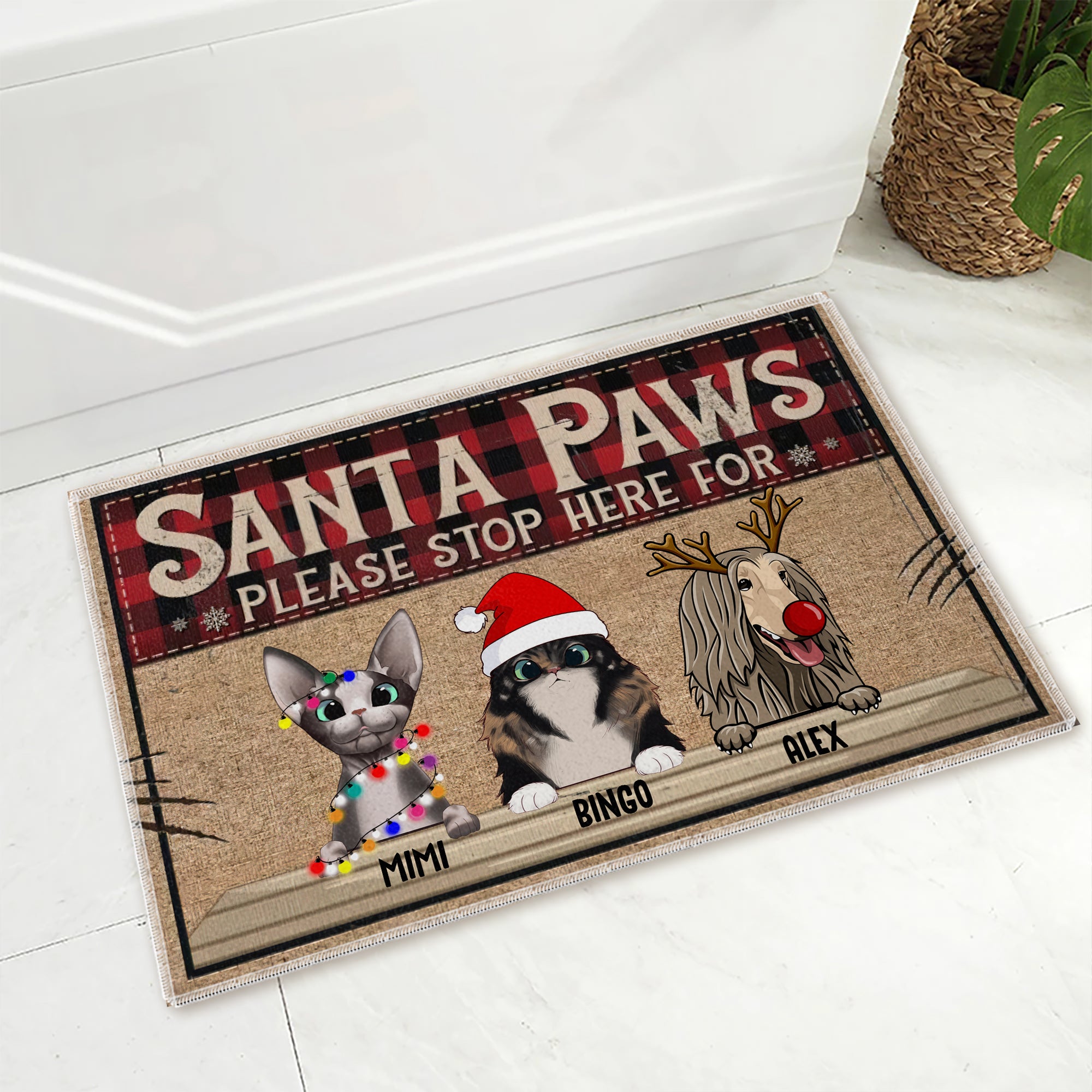 Santa Paws Please Here For  - Custom Pets And Names - Personalized Doormat - Pet Lover Gift, Christmas Decor