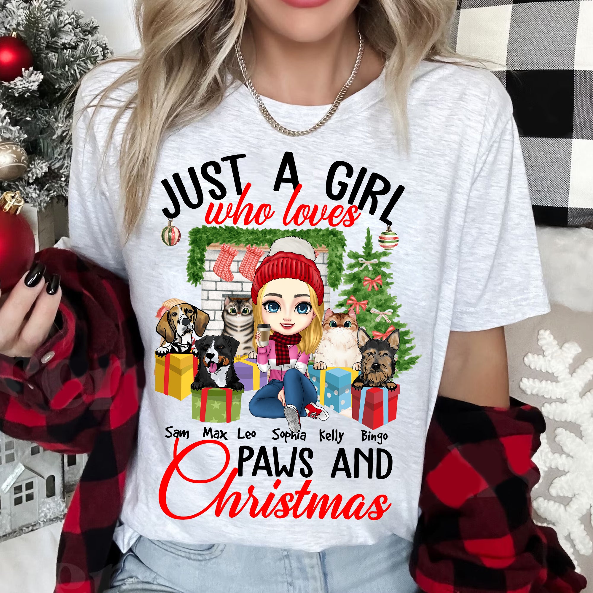 Just A Girl Who Loves Paws And Christmas - Custom Appearance, Pets And Names - Personalized T-Shirt - Gift For Pet Lovers