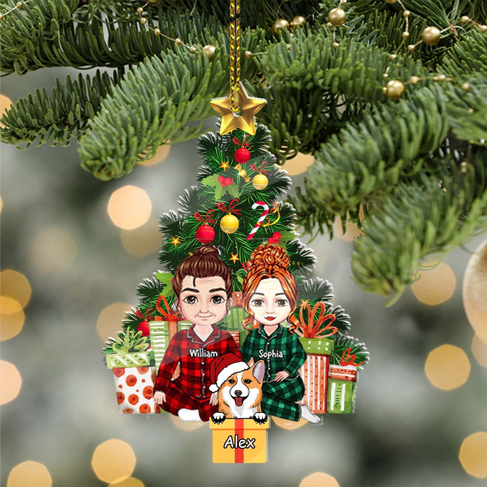 Christmas Couple Sitting With Pet, Custom Appearances And Names - Christmas Gift For Couple - Personalized Acrylic Ornament