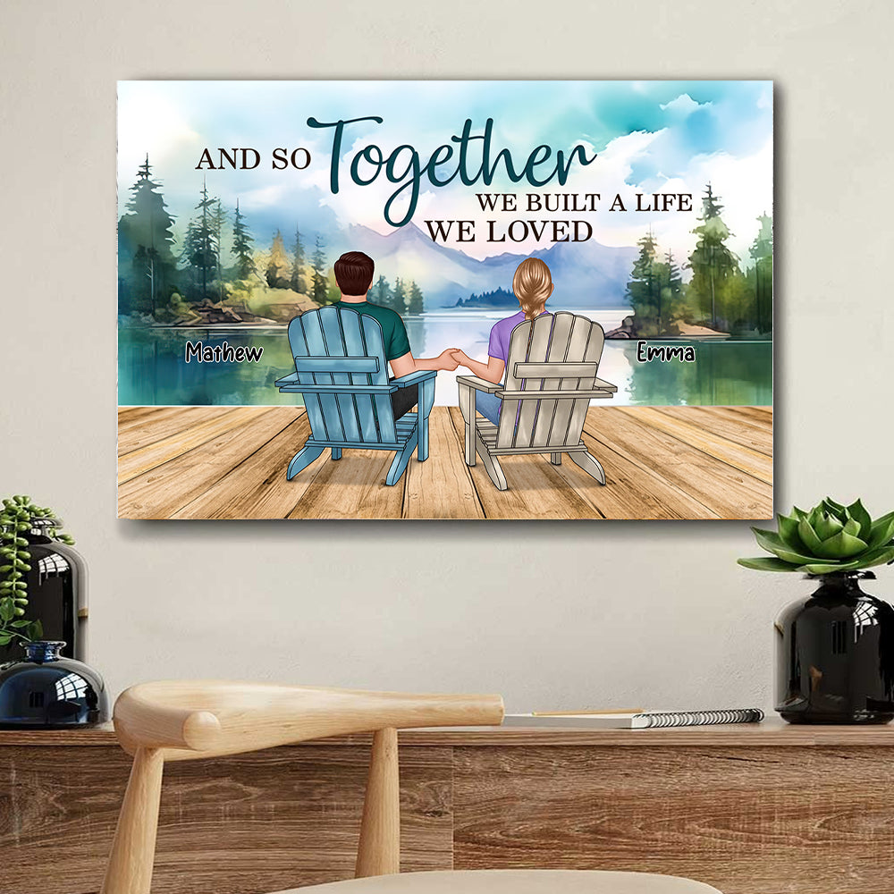 Backview Couple Sitting By The Lake - Personalized Appearances And Texts Canvas - Family Decor, Couple Gift