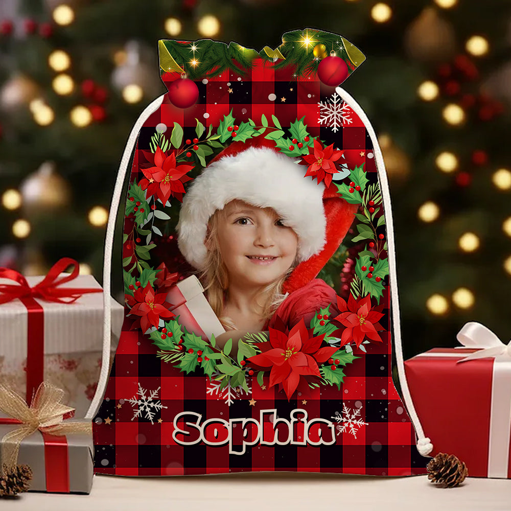 Santa Sack Plaid Pattern Face Photo- Personalized String Bag, Gift For Family, Christmas Gift