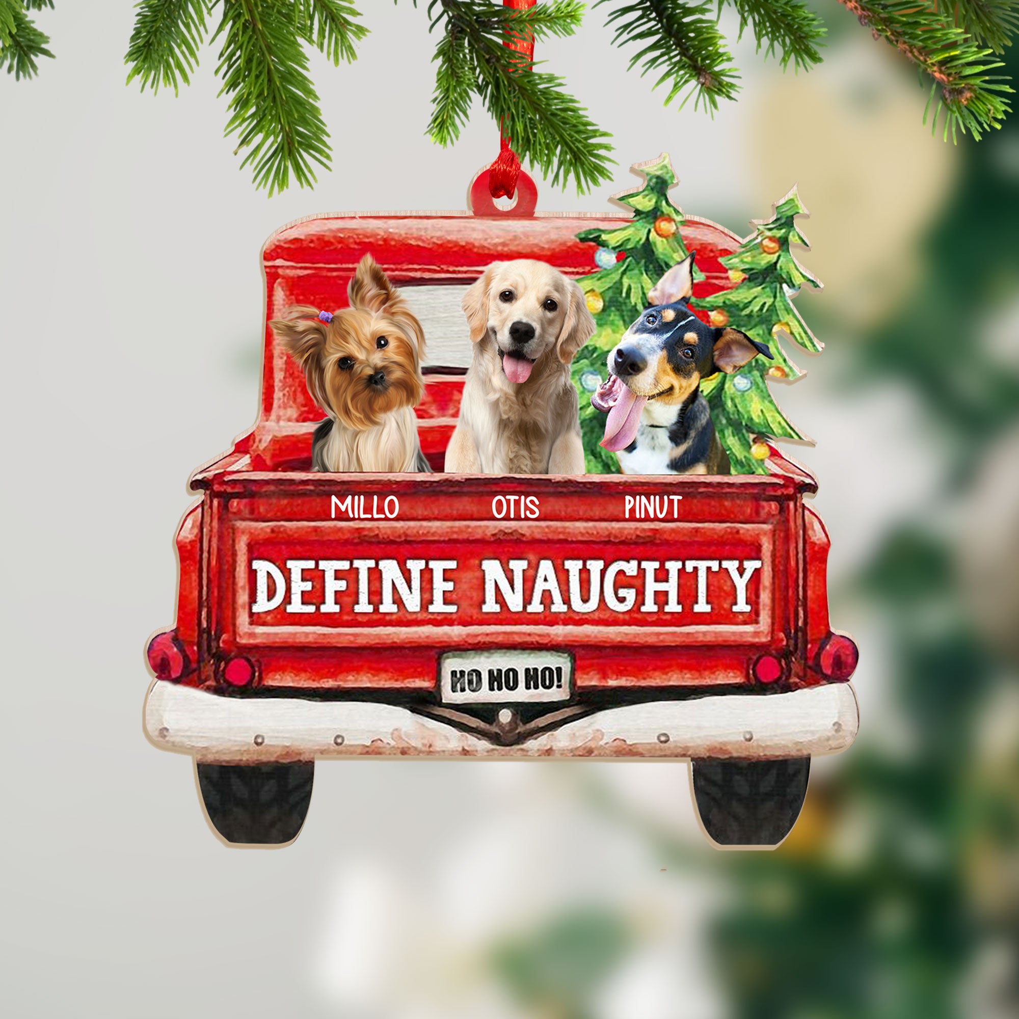 Custom Photo Pet Lovers Red Truck Define Naughty - Christmas Gift For Dog Lovers - Personalized Custom Shaped Wooden Ornament - Gift For Pet Lover