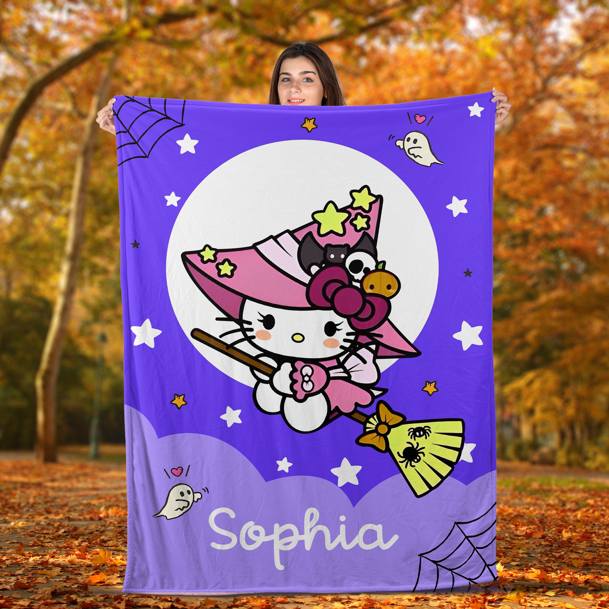 Halloween Hello Kitty  - Custom Name And Background Color - Personalized Fleece Blanket