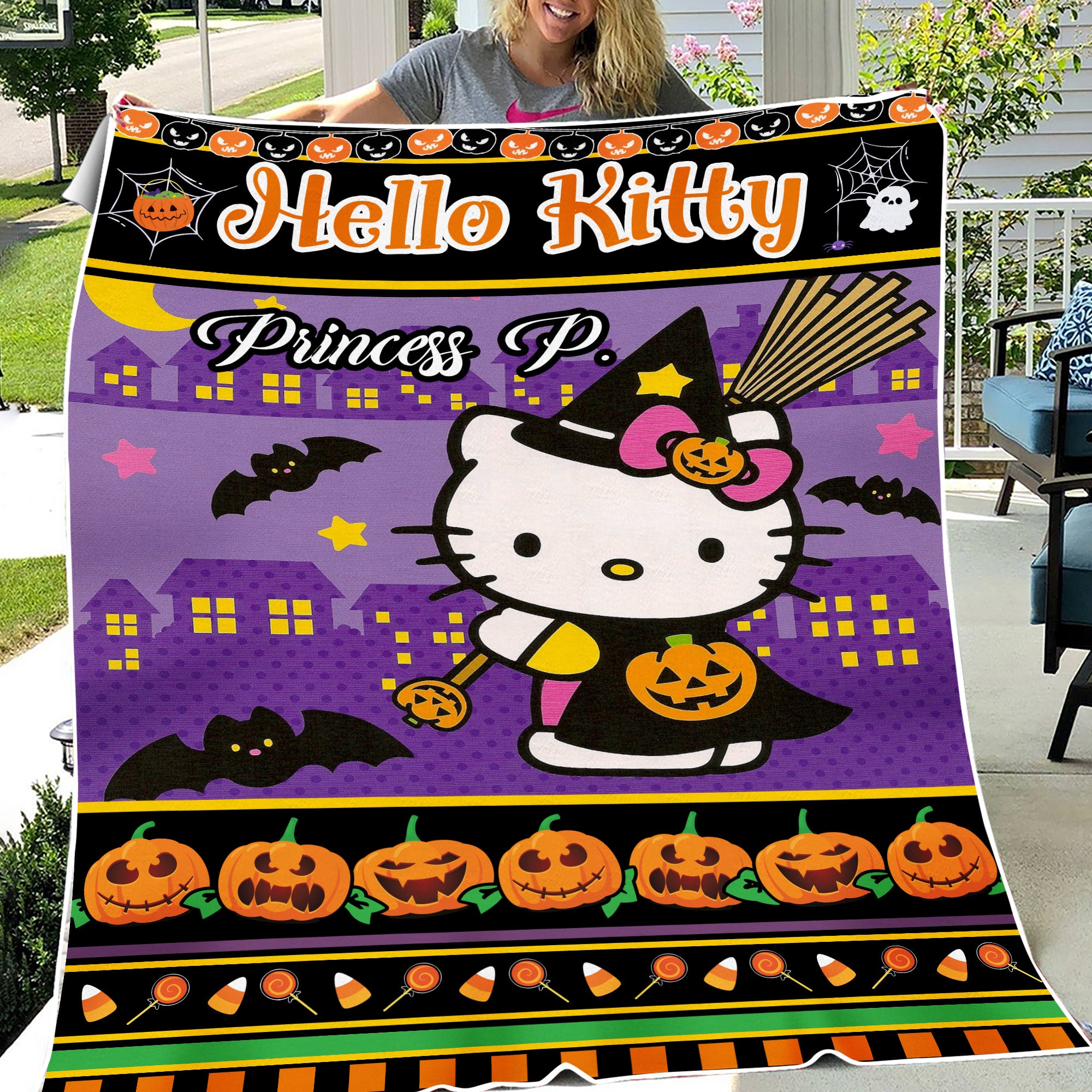 Hello Kitty Halloween  - Custom Name - Personalized Fleece Blanket