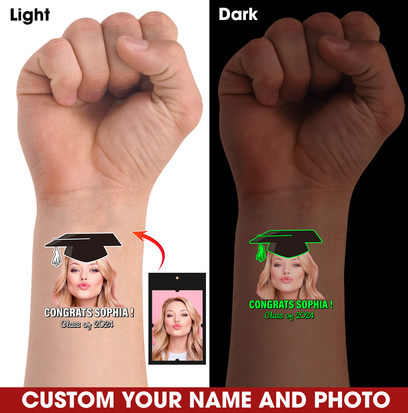 Congrats Class Of 2024, Custom Luminous Tattoo With Personalized Photo And Name, Fake Tattoo, Graduation Gift, Night Lighting Tattoo