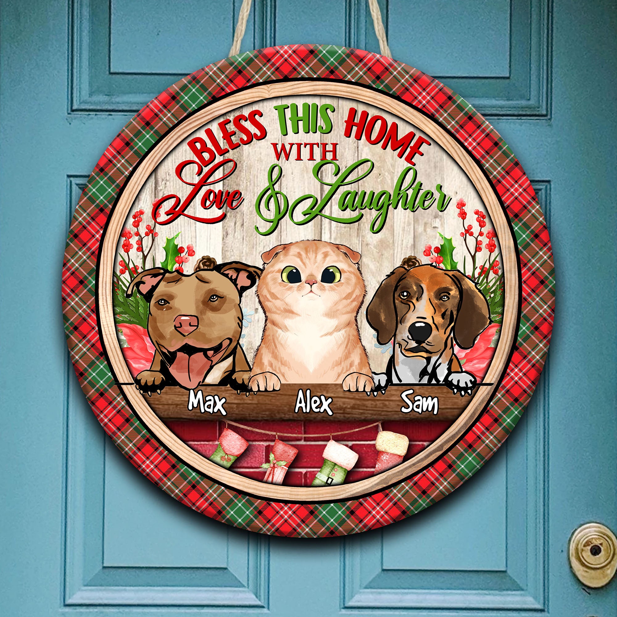 Bless This Home With Love and Laughter - Custom Pet And Name - Personalized Wooden Door Sign - Pet Lover Gift