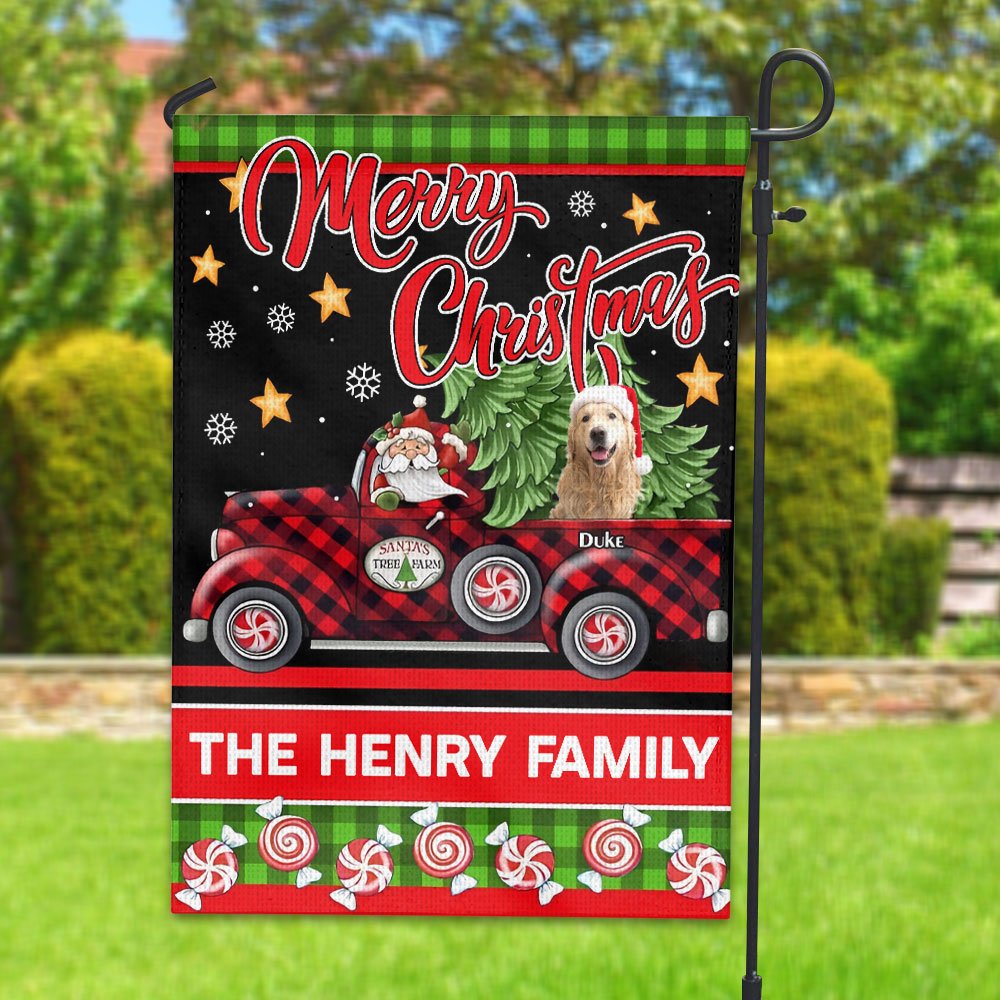 Merry Christmas Pet - Personalized Pet Photo, Name And Family Name Flag - Christmas Gift, Gift For Pet Lovers