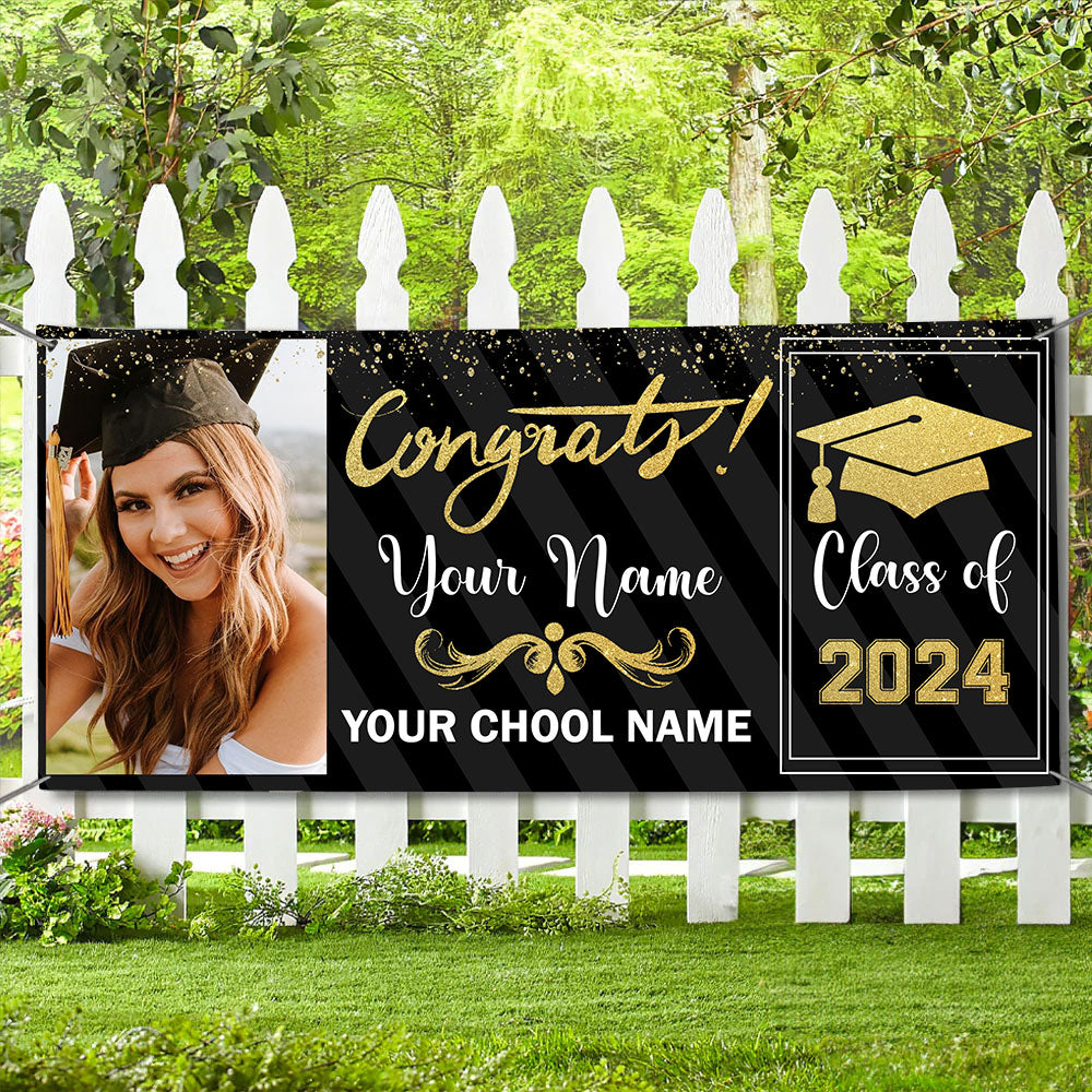 Congrats Class Of 2024- Personalized Photo And Texts Graduated Banner - Decoration Gifts