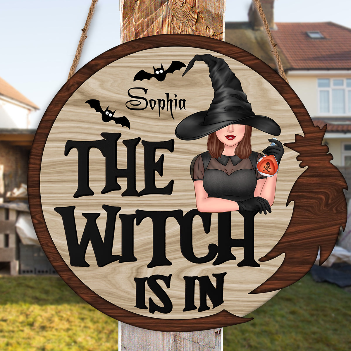 The Witch Is In - Custom Appearance And Name - Personalized Wooden Door Sign - Halloween Gift