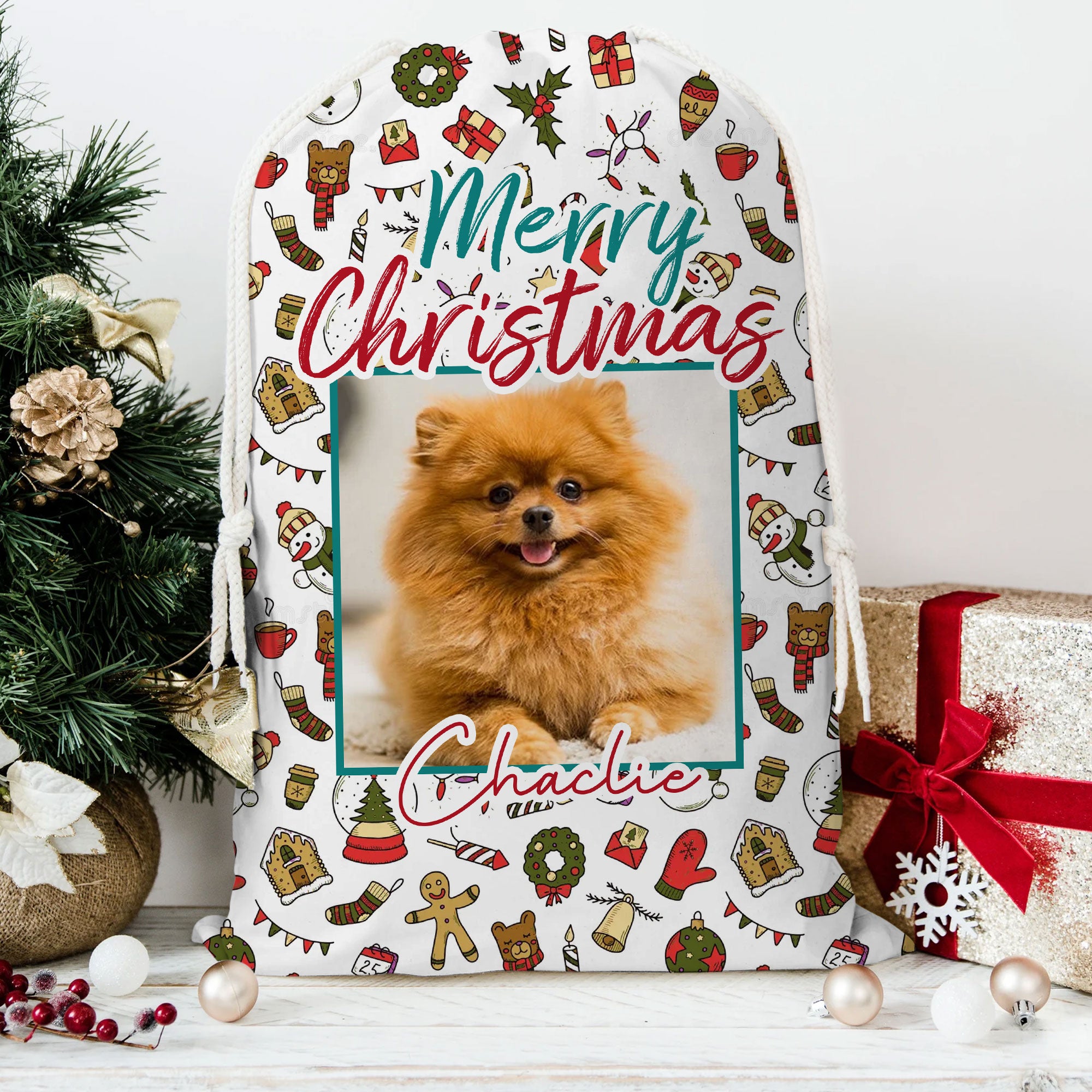 Merry Christmas Decor Pet Photo - Personalized String Bag, Gift For Family, Christmas Gift