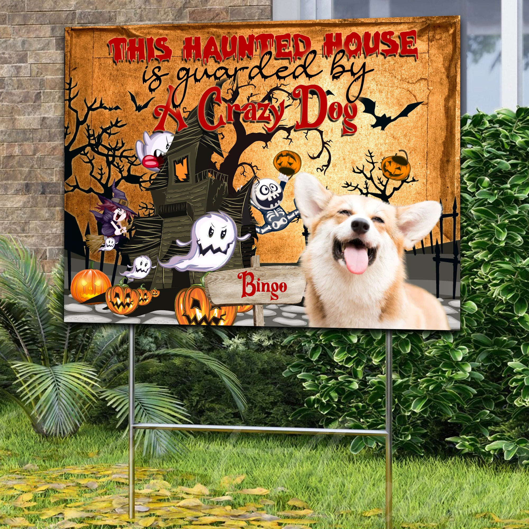 This Haunted House Is Guarded By A Crazy Dog- Personalized Dog Lawn Sign, Yard Sign, Gift For Pet Lover, Halloween Gift
