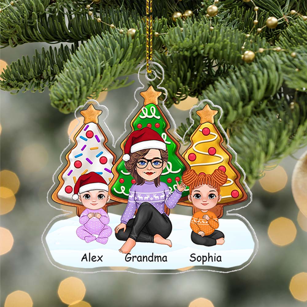 Grandma, Mom And Kids Sitting Under The Christmas Tree, Christmas Decor - Personalized Acrylic Ornament - Gift For Family