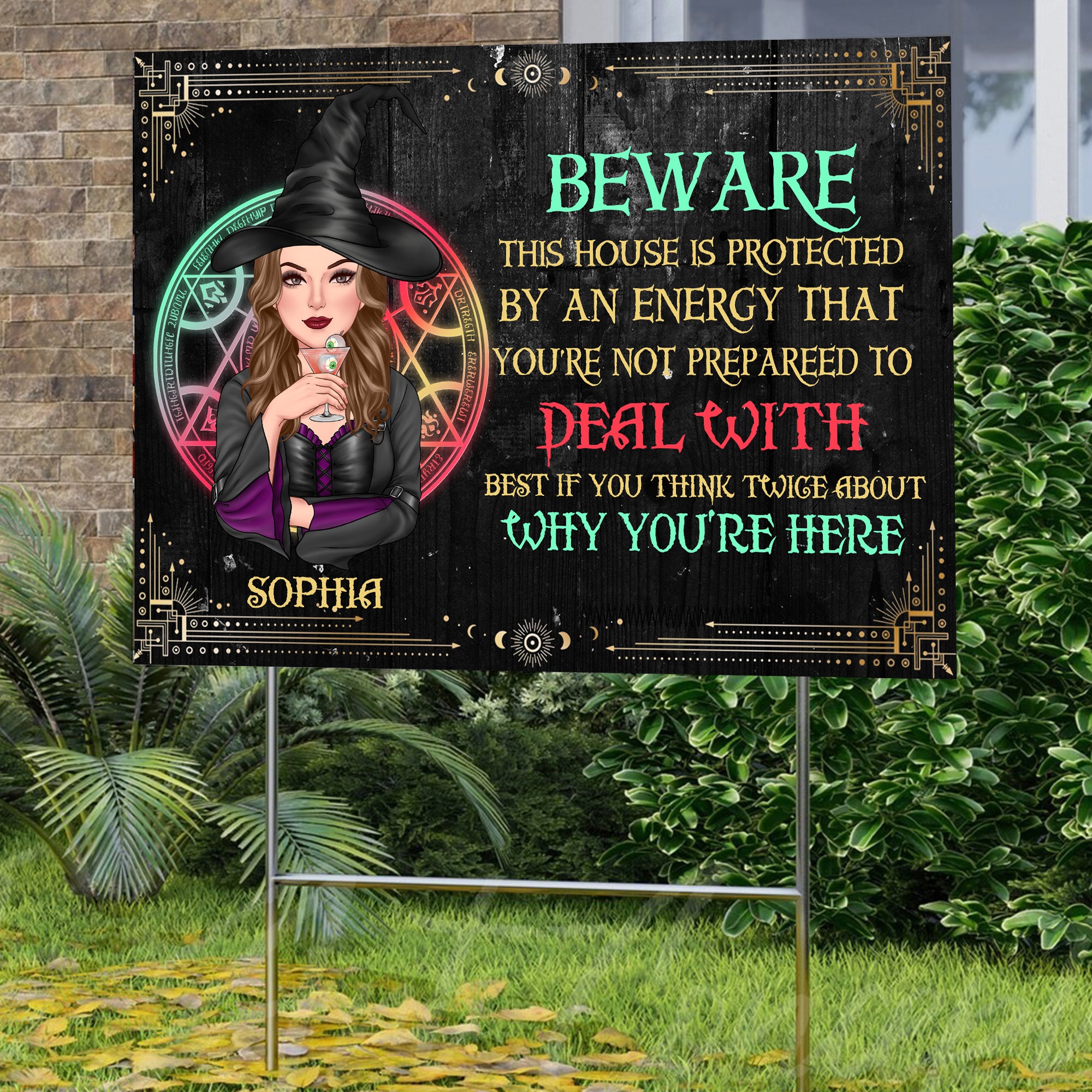 Beware This House Is Protected By An Energy - Personalized Lawn Sign, Yard Sign, Halloween Gift