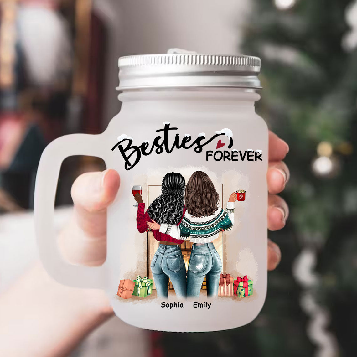 Besties Forever, Custom Appearances And Names - Personalized Mason Jar Cup With Straw