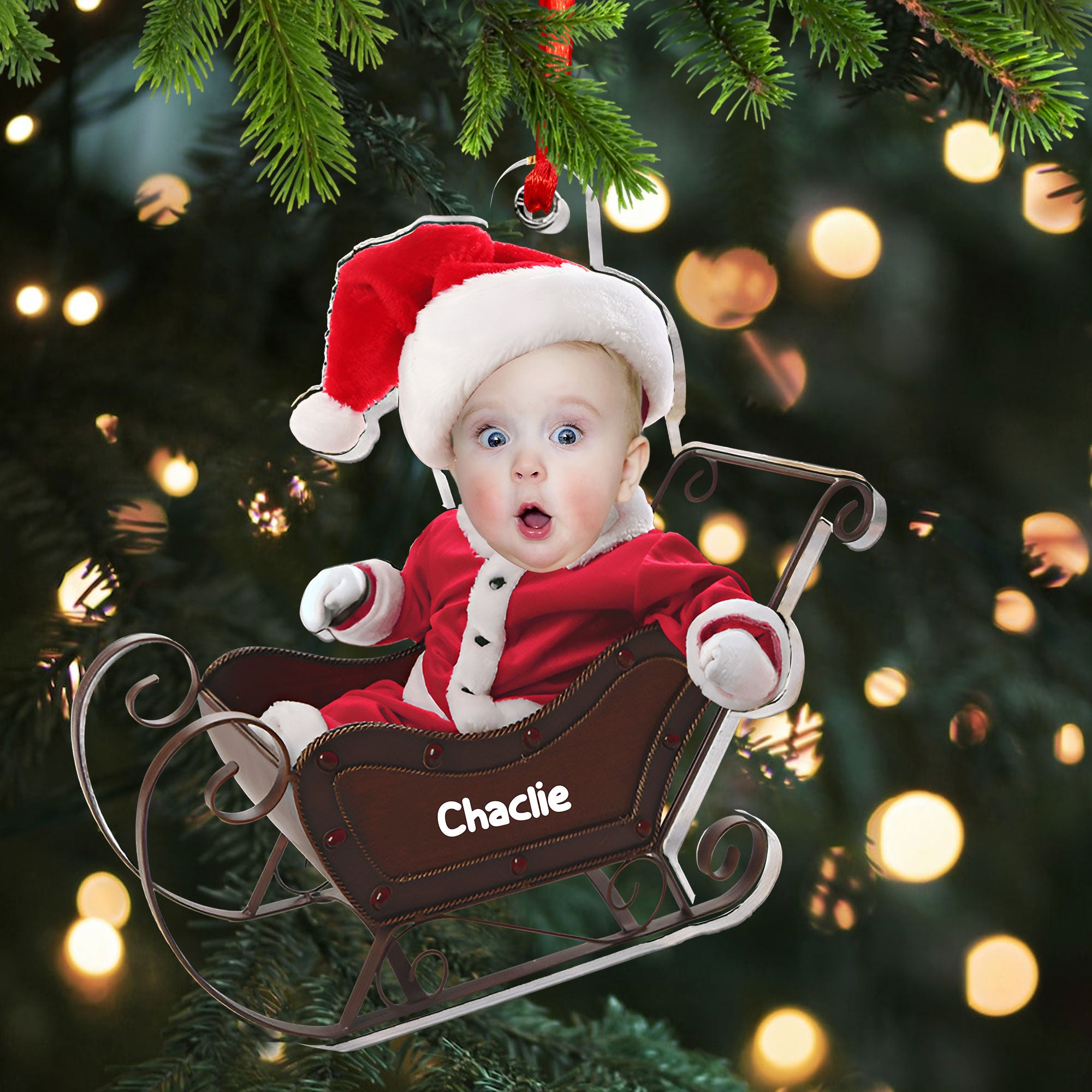 Baby In Christmas Sleigh - Custom Photo And Name, Personalized Acrylic Ornament - Gift For Christmas, Family Gift