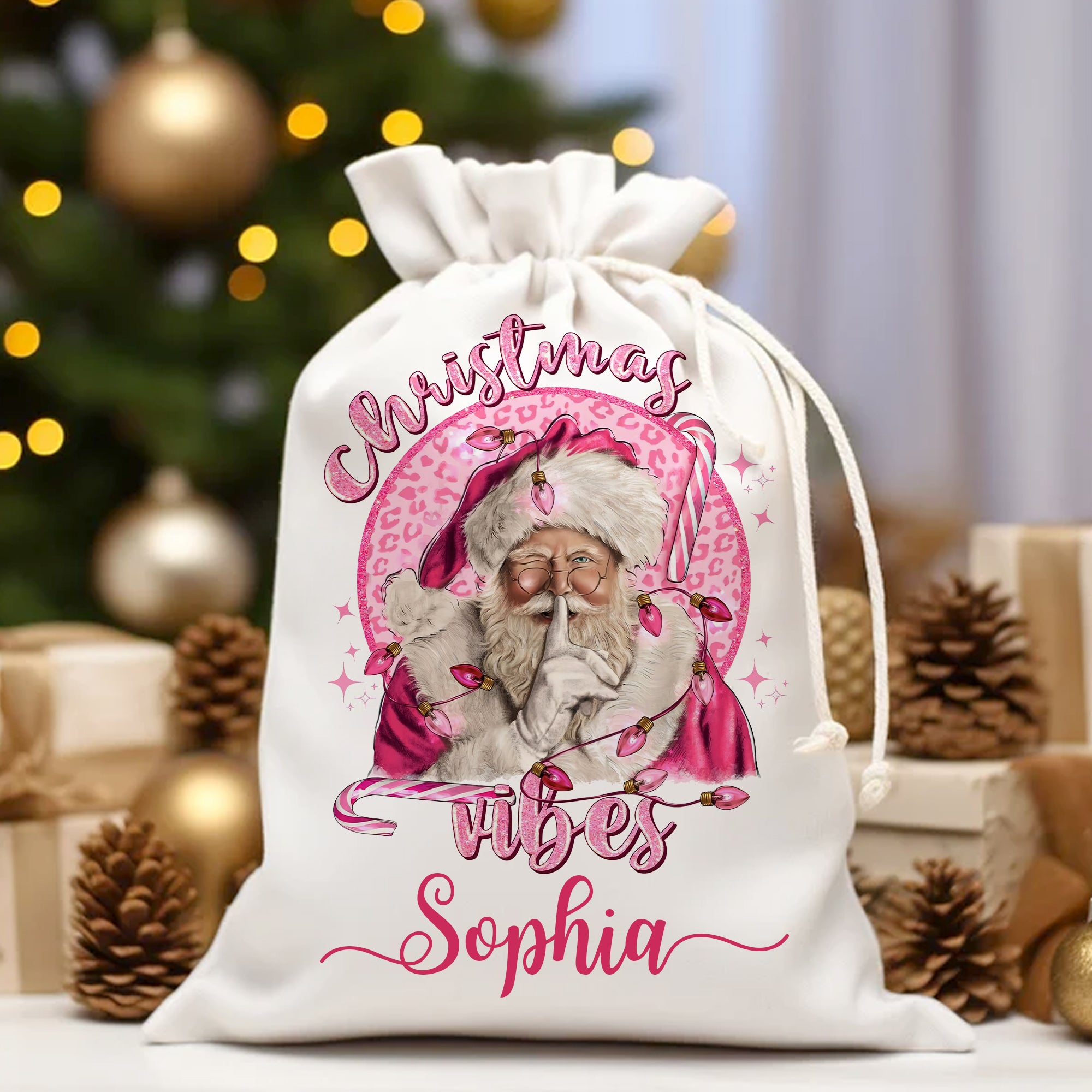 Christmas Decor Gift, Custom Background And Name, Personalized String Bag, Christmas Gift