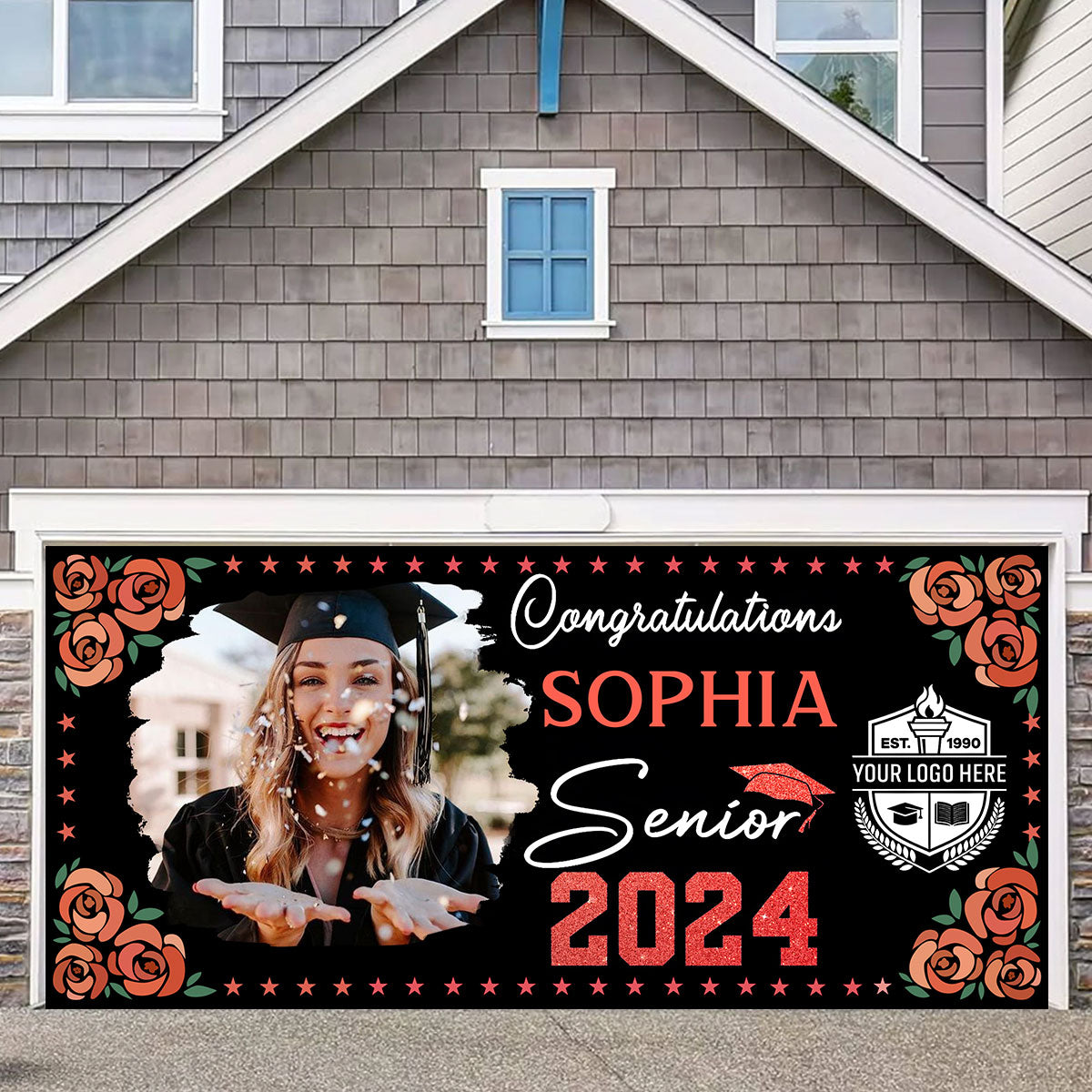 Congratulations Senior 2024 - Personalized Photo, Your Name And School Name Single Garage, Garage Door Banner Covers - Garage Door Banner Decorations