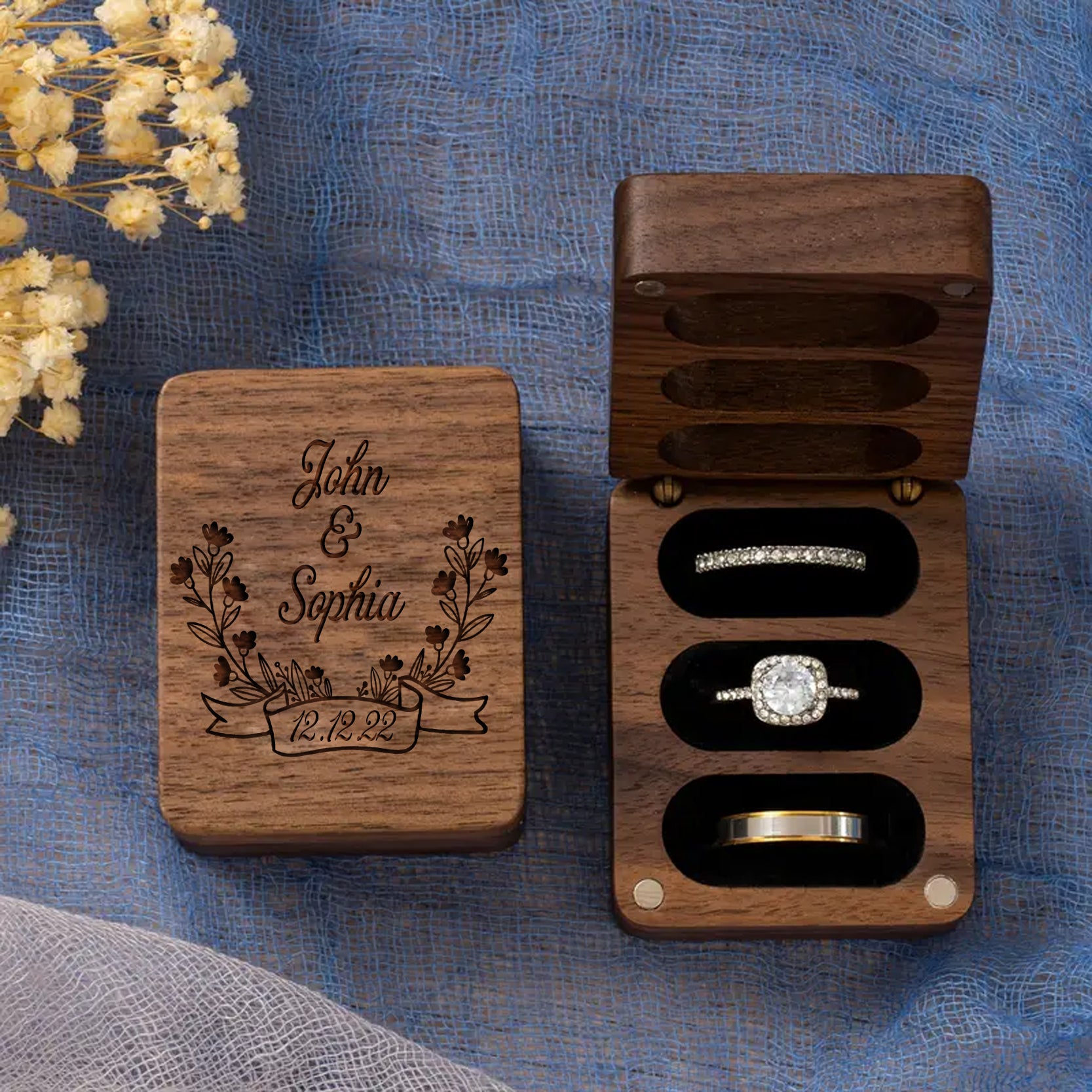 Custom Engraved Ring Box For Wedding Ceremony, Triple Wooden Ring Box, Wedding Engagement Ring Box, 3 Ring Bearer Ring Box, Proposal Ring Box Holder - Personalized Wooden Ring Box