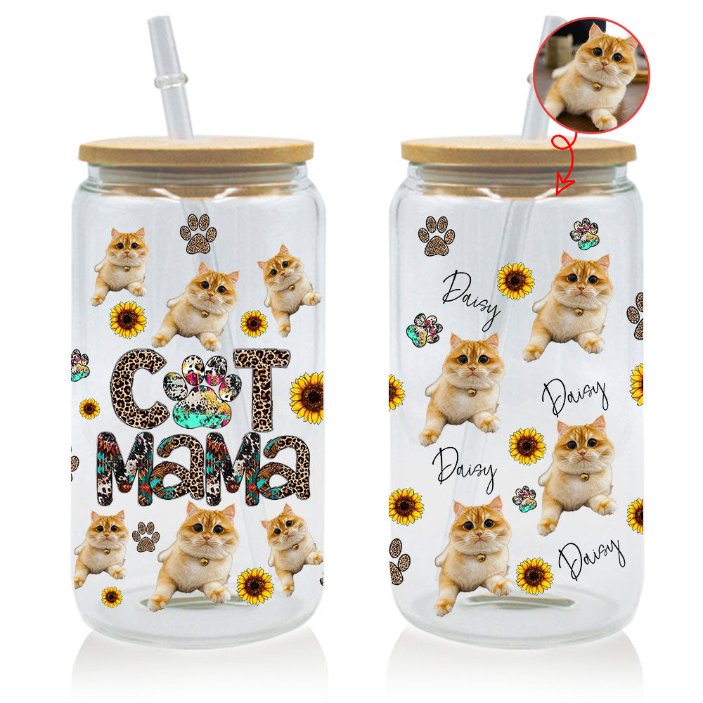 Cat Mama - Custom Photo And Name - Customization Cutie Kittie Glass Bottle, Frosted Bottle, Gift For Cat Lovers