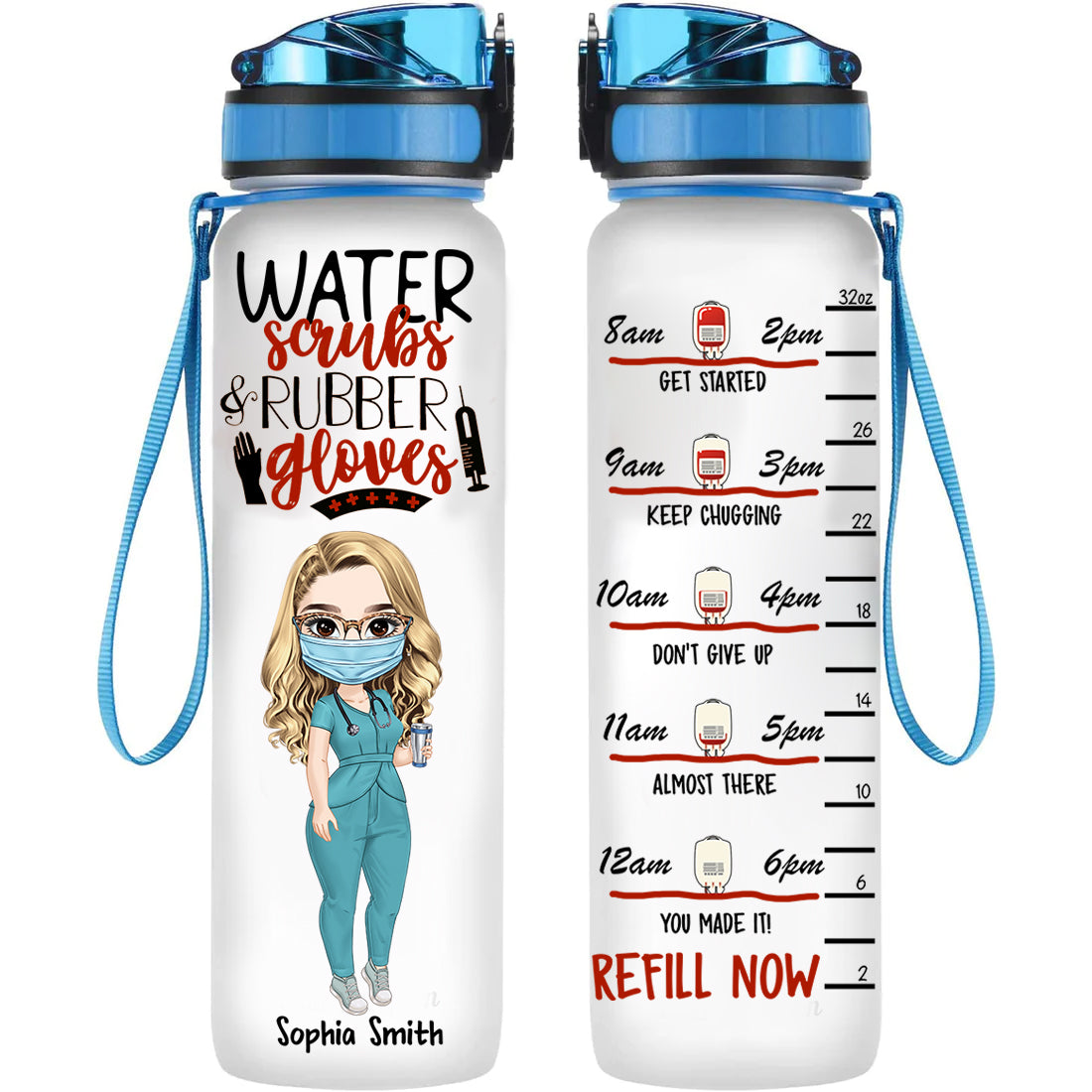 Water Scrubs And Rubber Gloves, Custom Nurse Appearance And Name, Personalized Tracker Bottle