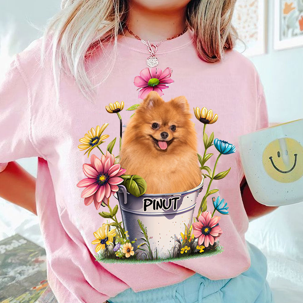 Pet With Flowers- Custom Pet Photo And Pet Name - Personalized T-Shirt - Gift For Pet Lovers