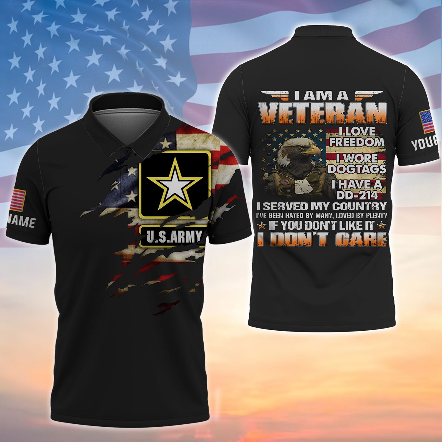 I Am Veteran - I love Freedom - I Wore Dogtags - I Have A DD-214 - Customized U.S. Veteran Black Polo Shirt, Gift For Veterans