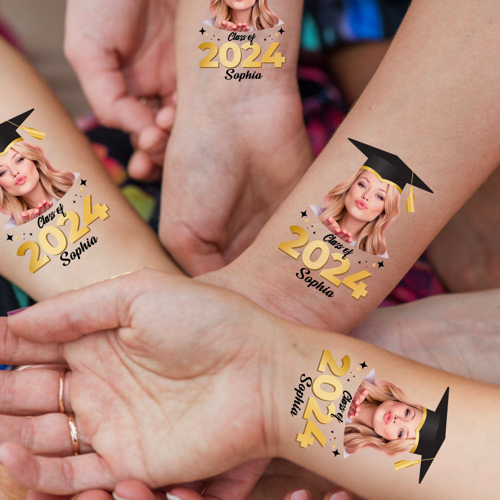 Class Of 2024 Party, Custom Face Photo And Texts Temporary Tattoo, Personalized Tattoo, Fake Tattoo