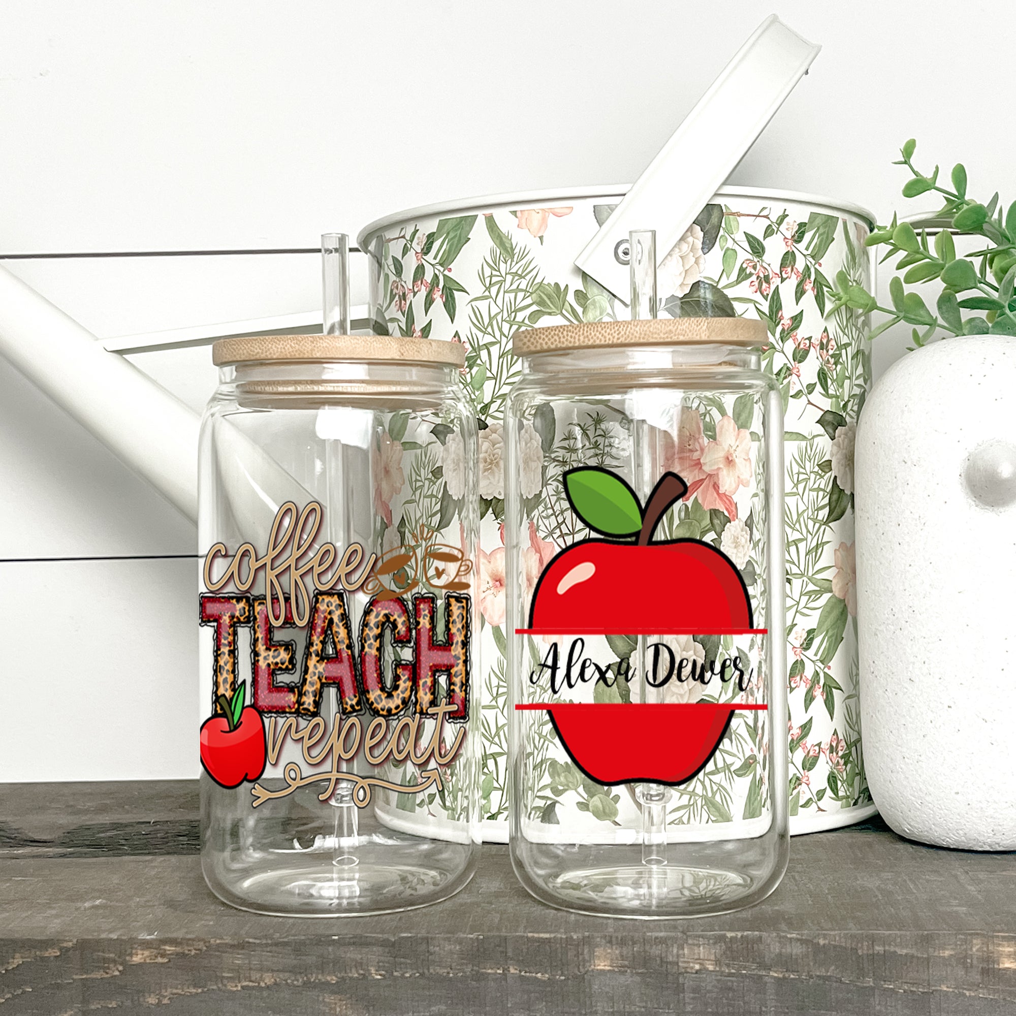 Coffee Teach Repeat - Custom Name - Personalized Glass Bottle, Frosted Bottle, Gift For Teacher, Back To School