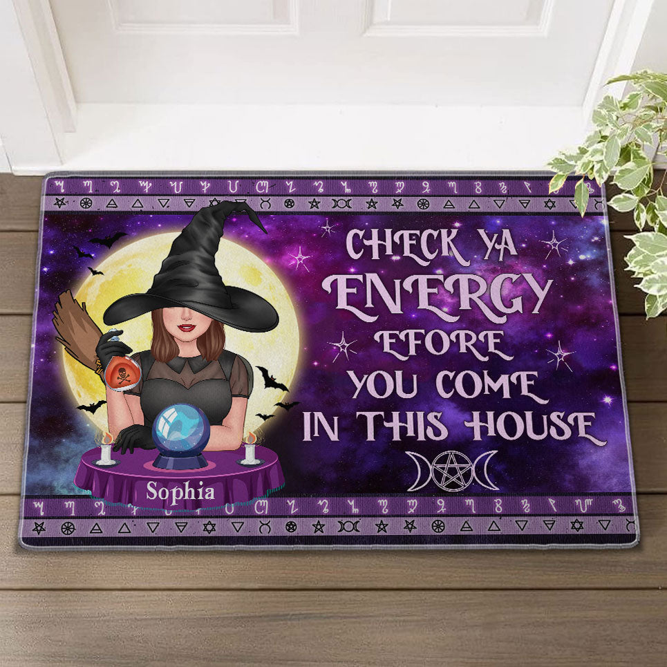 Check Ya Energy Before You Come In This House - Custom Appearance And Family Name - Personalized Witch Doormat, Halloween Gift
