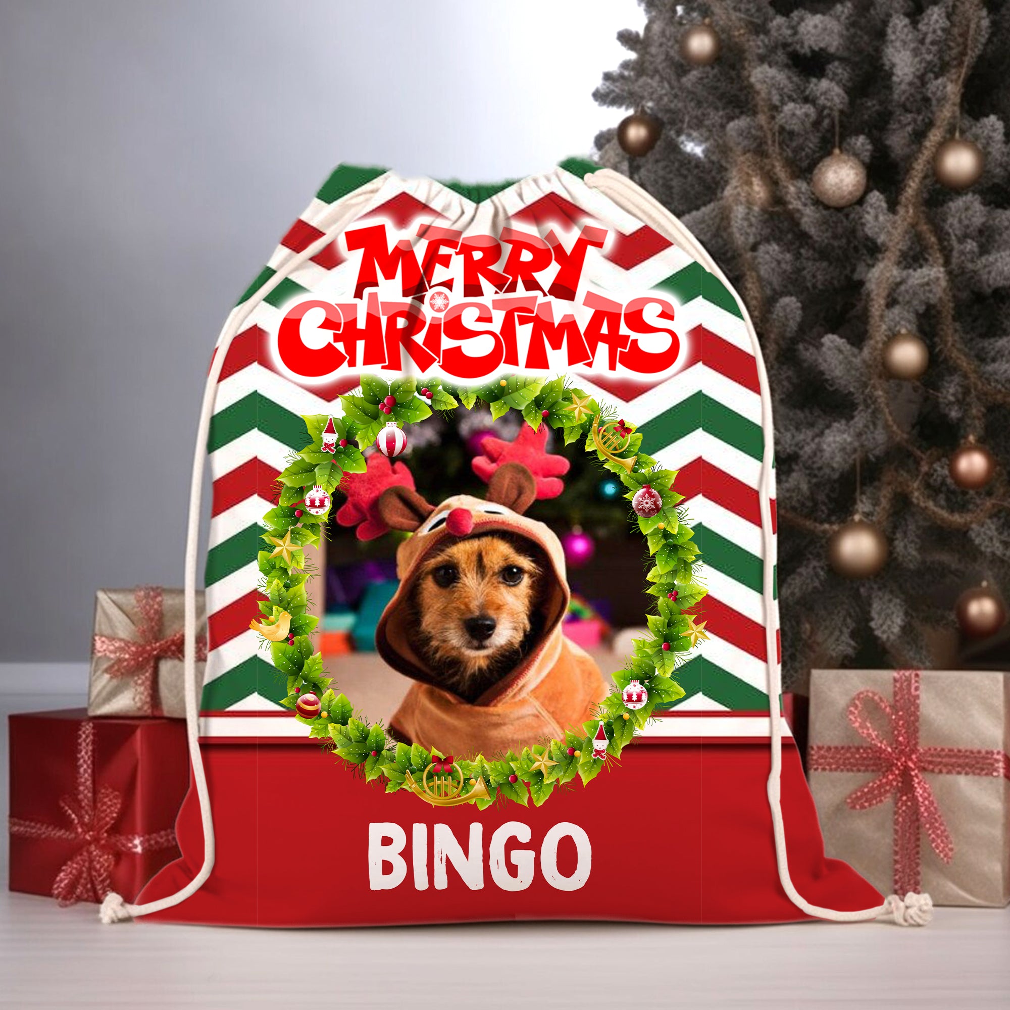 Merry Christmas - Custom Background, Photo And Name, Personalized String Bag, Gift For Pet Lover, Christmas Gift