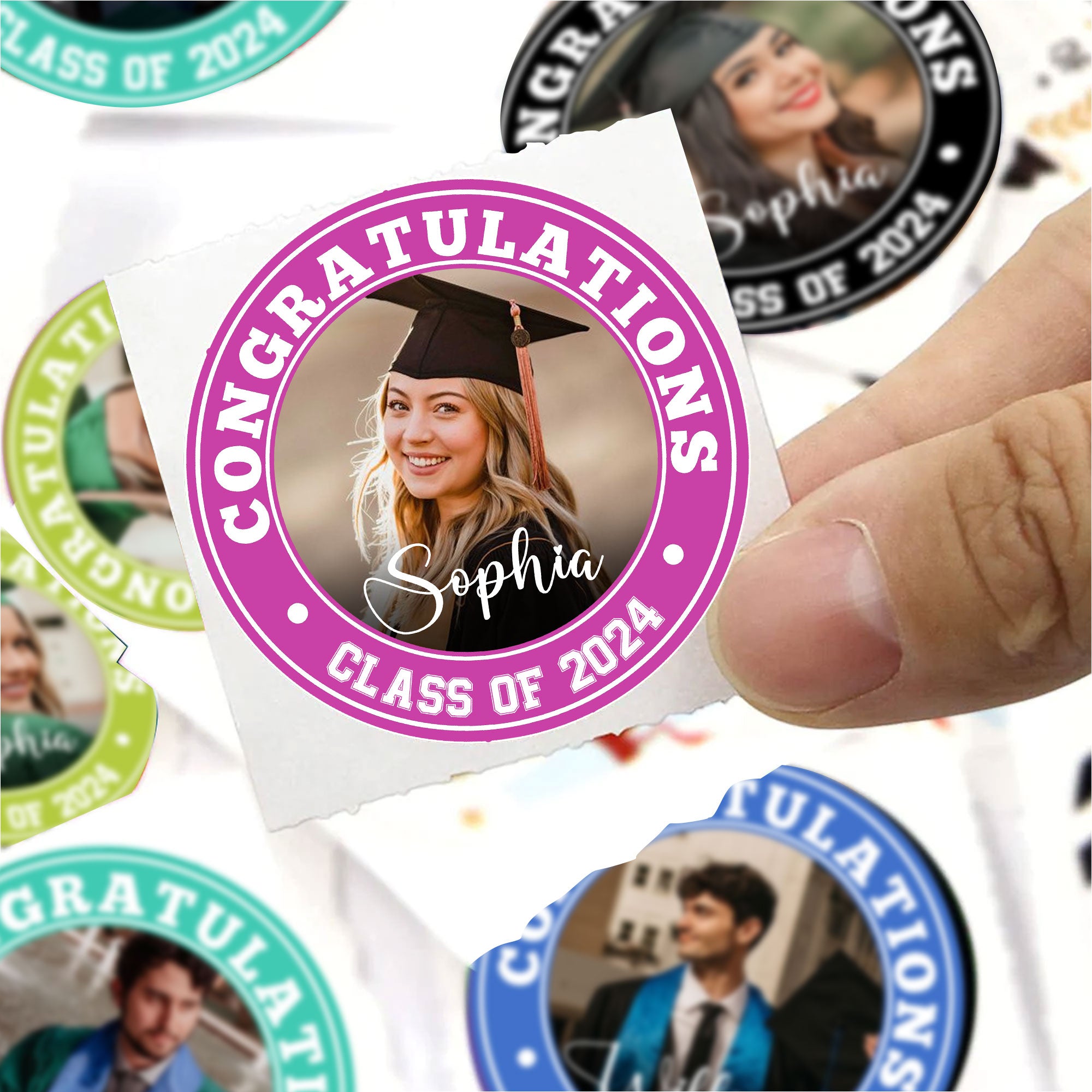 Congratulations Class Of 2024 Circle Stickers - Custom Photo And Text - Personalized Circle Sticker, Gift For Graduation