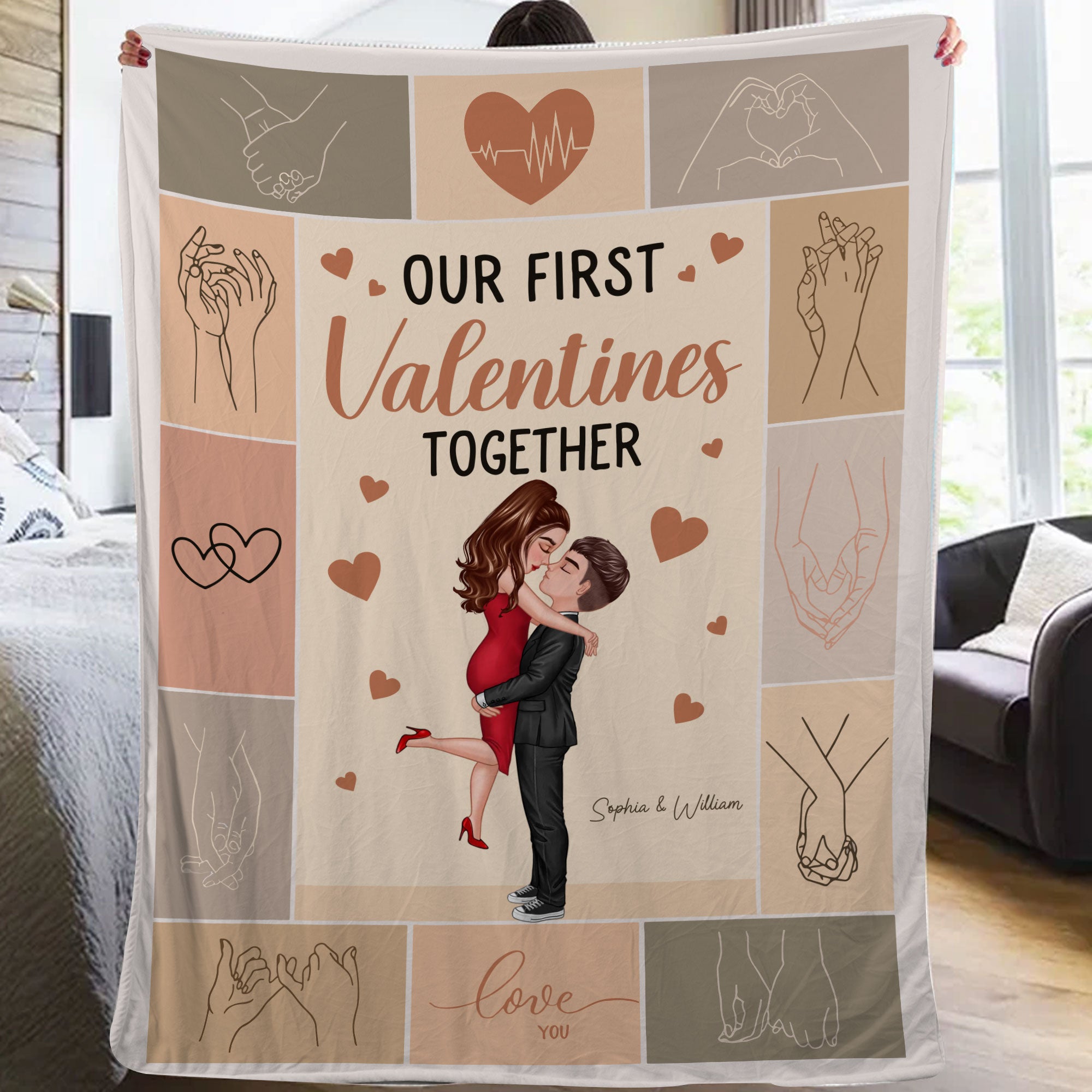 Our First Valentines Together - Custom Couple Appearances And Names - Personalized Fleece Blanket