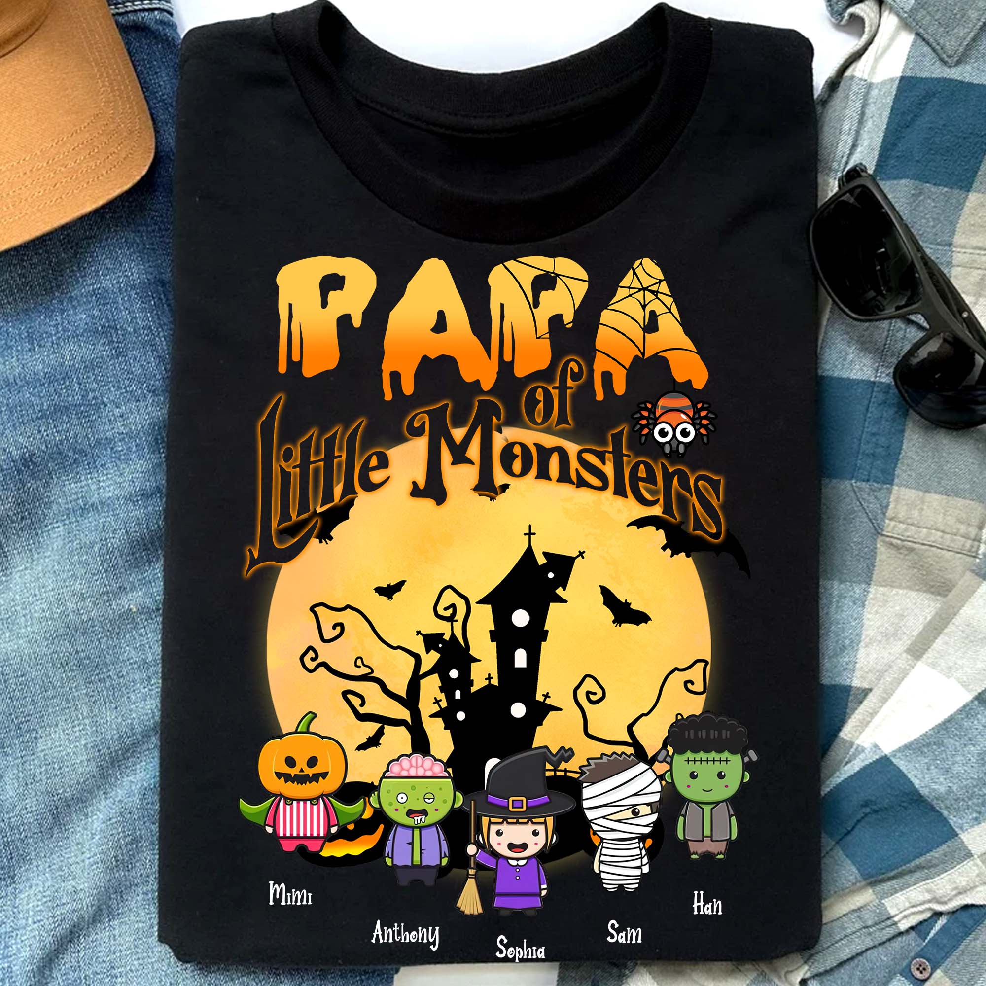 Papa Of Little Monsters  - Custom Characters And Names - Personalized T-Shirt - Gift For Family - Halloween Gift