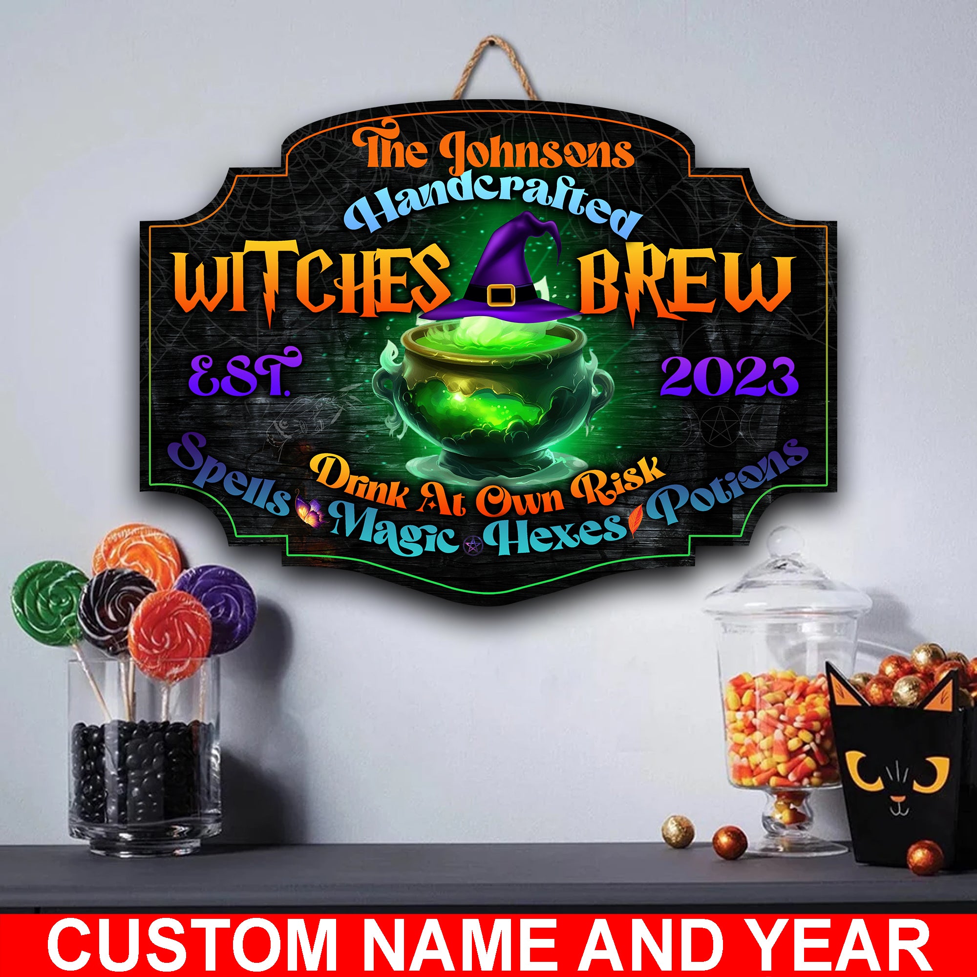 Handcrafted Witches Brew Drink At Own Risk - Custom Family Name And Year - Personalized Wooden Door Sign - Halloween Gift