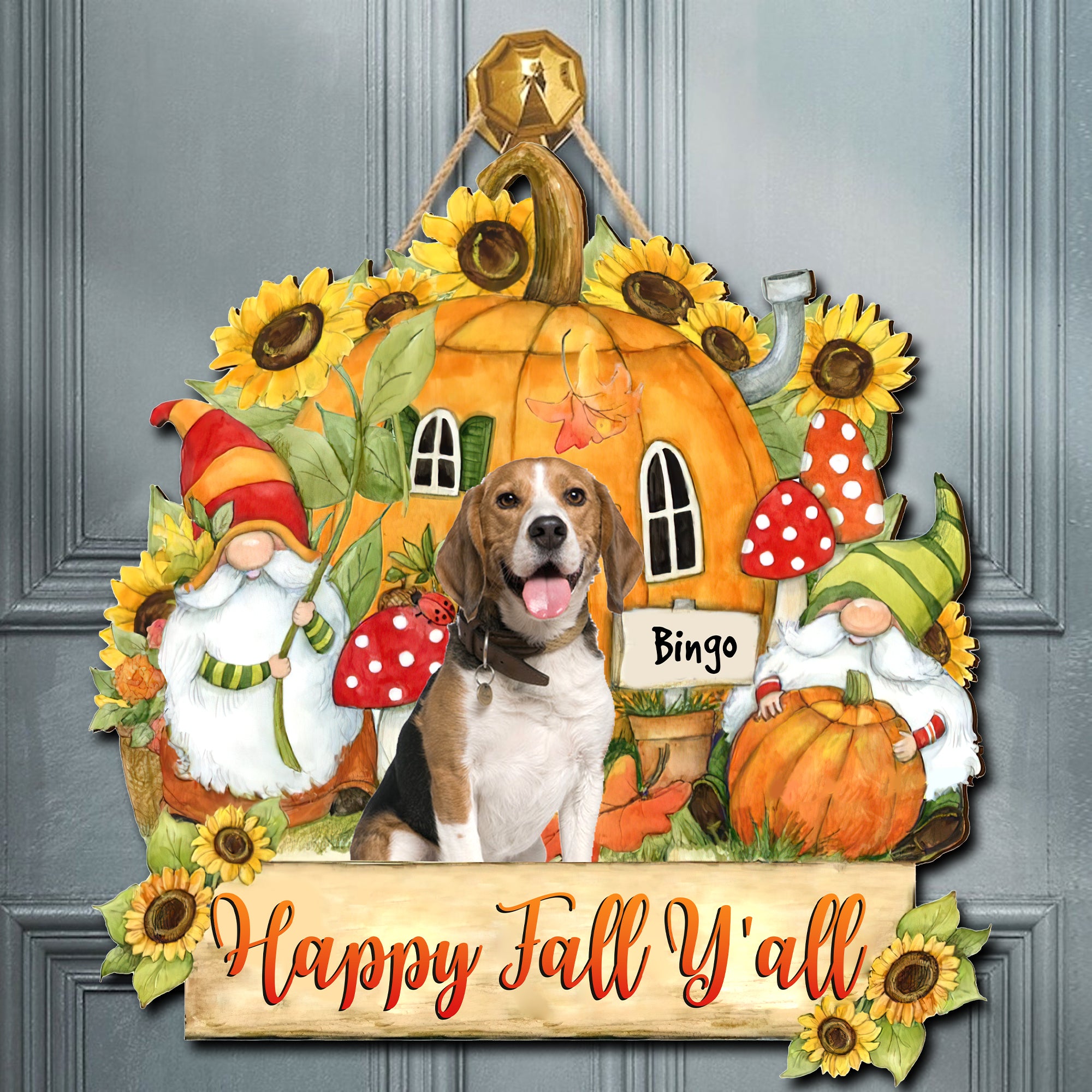Happy Fall Y'all - Personalized Photo Wooden Door Sign - Halloween For Pets - Halloween Gift