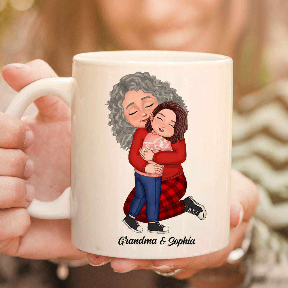 Grandma, Mom Hugging Grandkid, Kid - Custom Appearances And Names, Personalized White Mug, Gift For Family