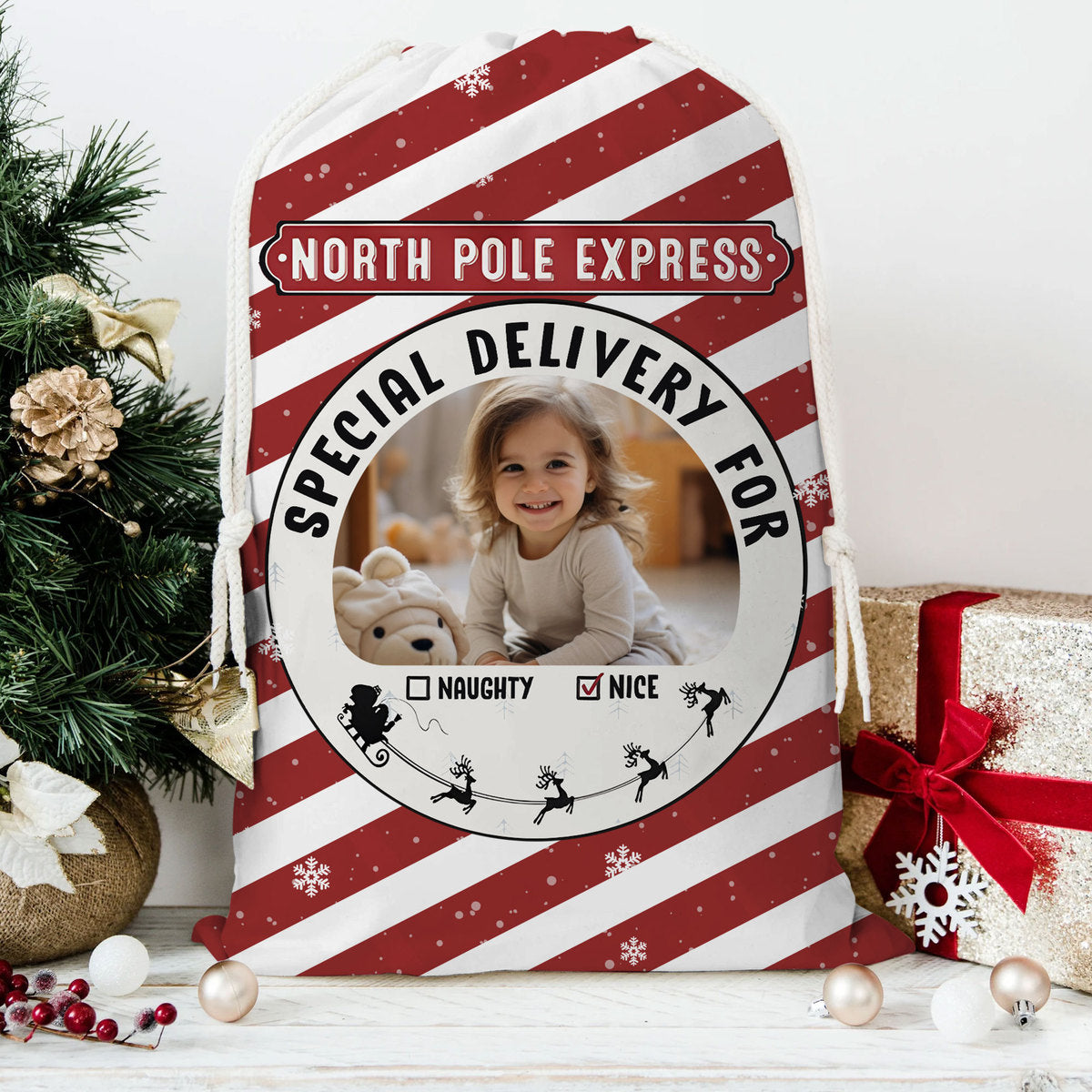 North Pole Express Special Deliver For Kid, Custom Background And Photo- Personalized String Bag, Christmas Gift, Gift For Family