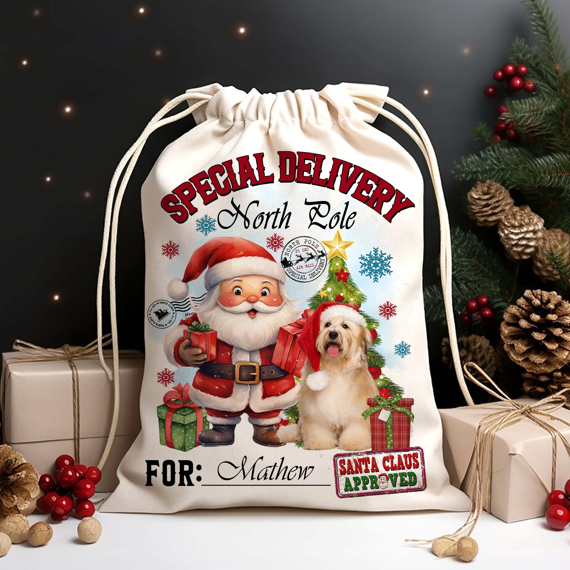 Christmas Special Delivery North Pole For Pet - Custom Photo And Name, Personalized String Bag, Gift For Pet Lover, Christmas Gift