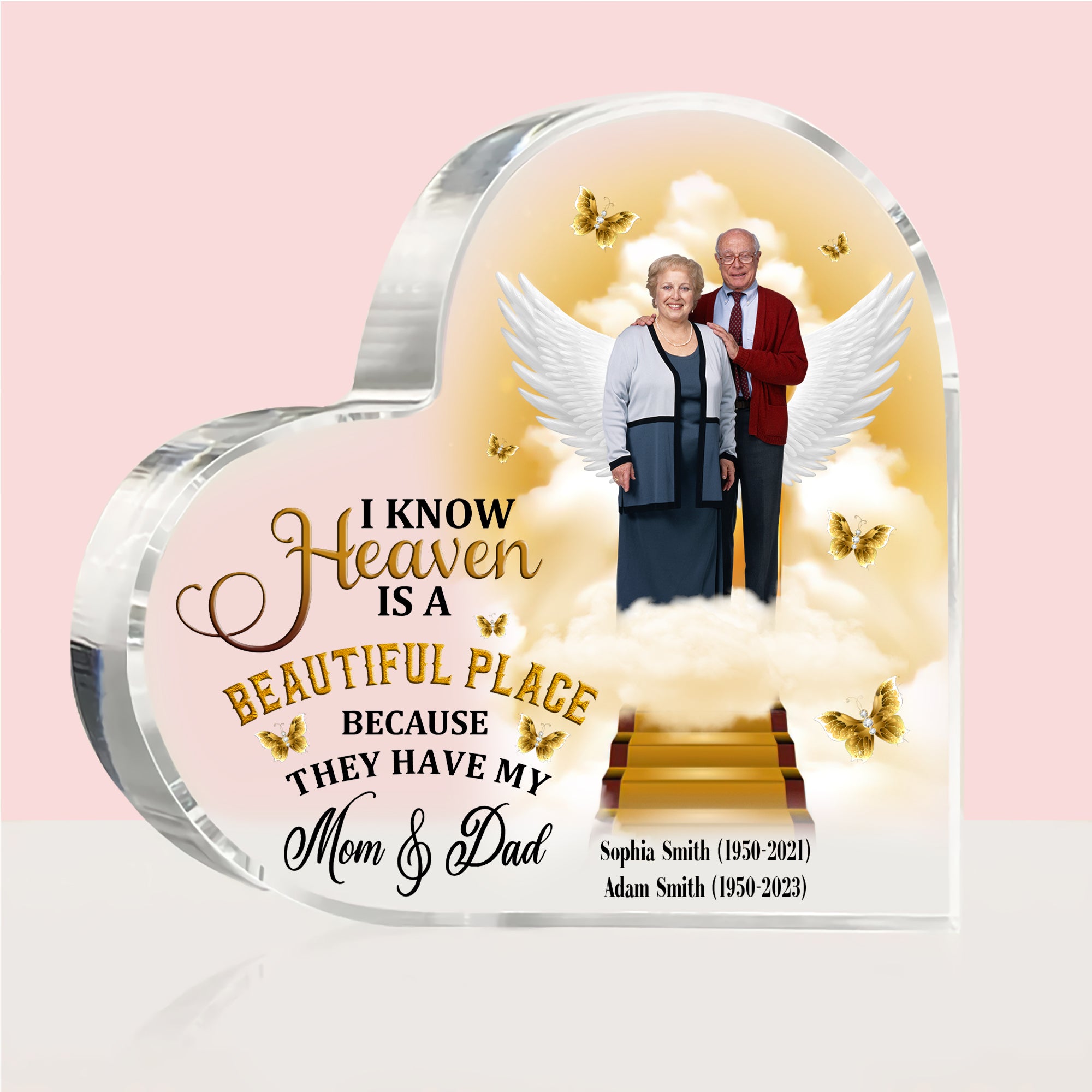 I Know Heaven Is A Beautiful Place- Custom Photo And Text - Personalized Heart Shaped Acrylic Plaque - Gift For Family, Memorial Gift
