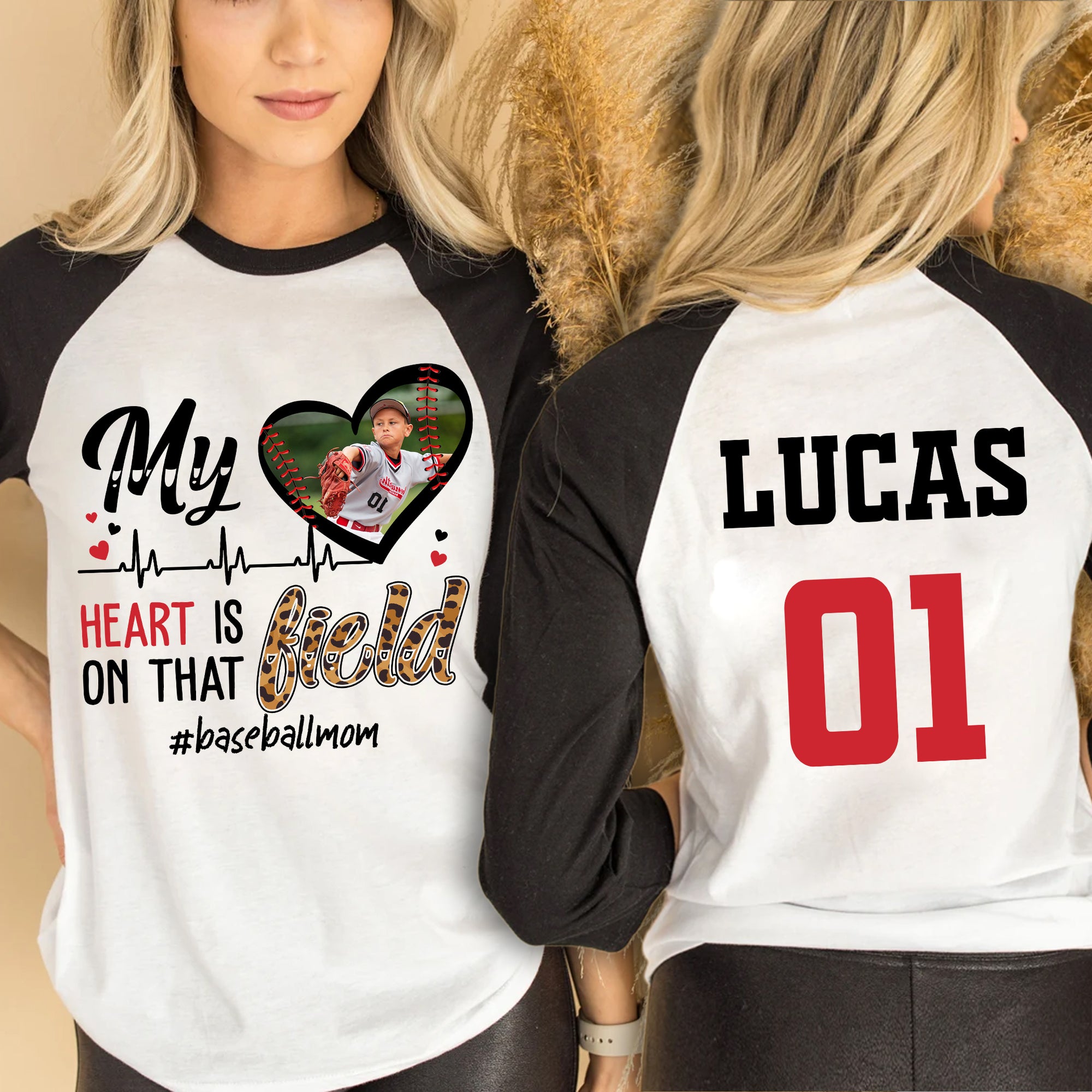 My Heart Is On That Field- Custom Photo And Name - Personalized 2 Sides Raglan Shirt - Family Gift, Gift For Baseball Lover
