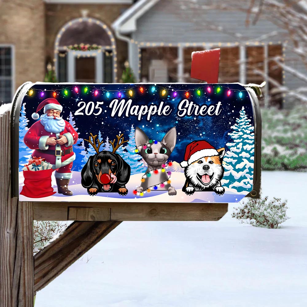 Santa And Custom Christmas Pet Mailbox Cover,  Christmas Gift, Gift For Pet Lover, Christmas Dog, Christmas Cat