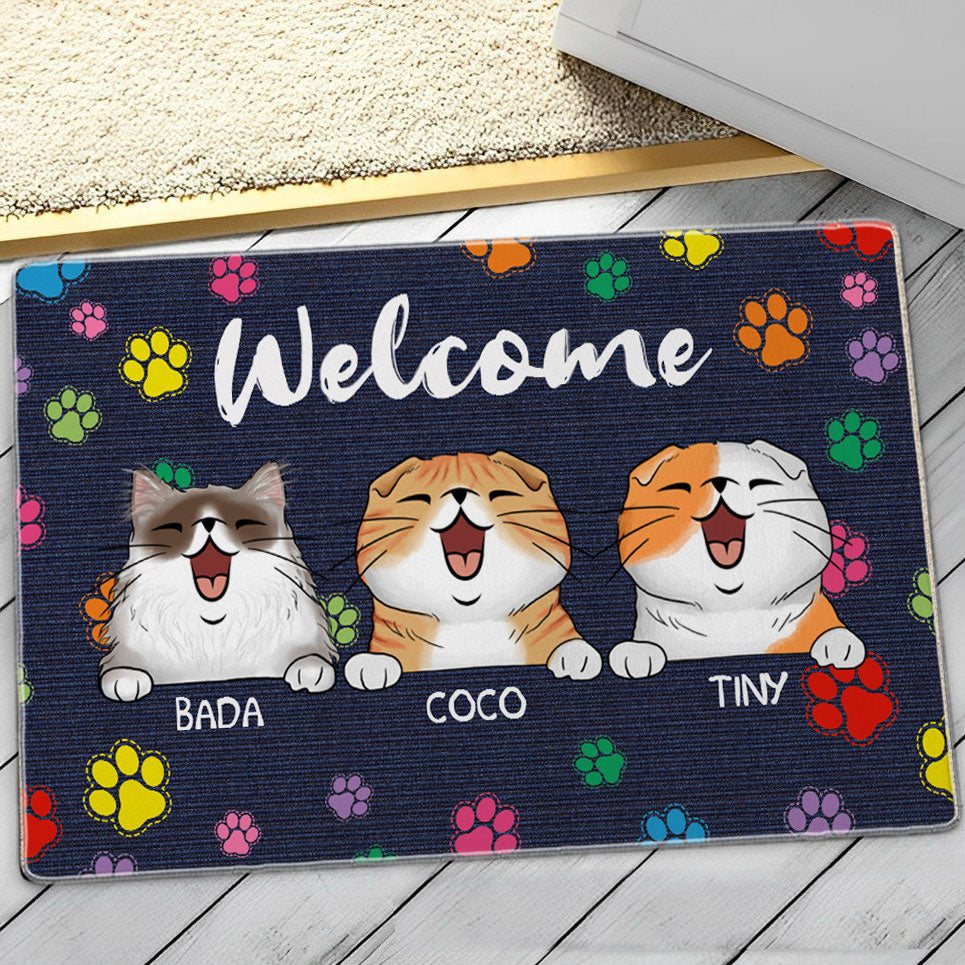 Welcome Cat House Color Paws  - Custom Cats And Names - Personalized Doormat - Pet Lover Gift