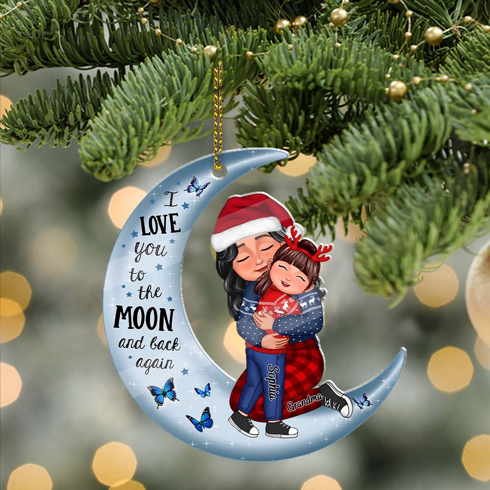 I Love You To the Moon And Back, Grandma, Mom Hugging Grandkid, Kid - Custom Appearances And Names - Personalized Acrylic Ornament- Christmas Gift For Family