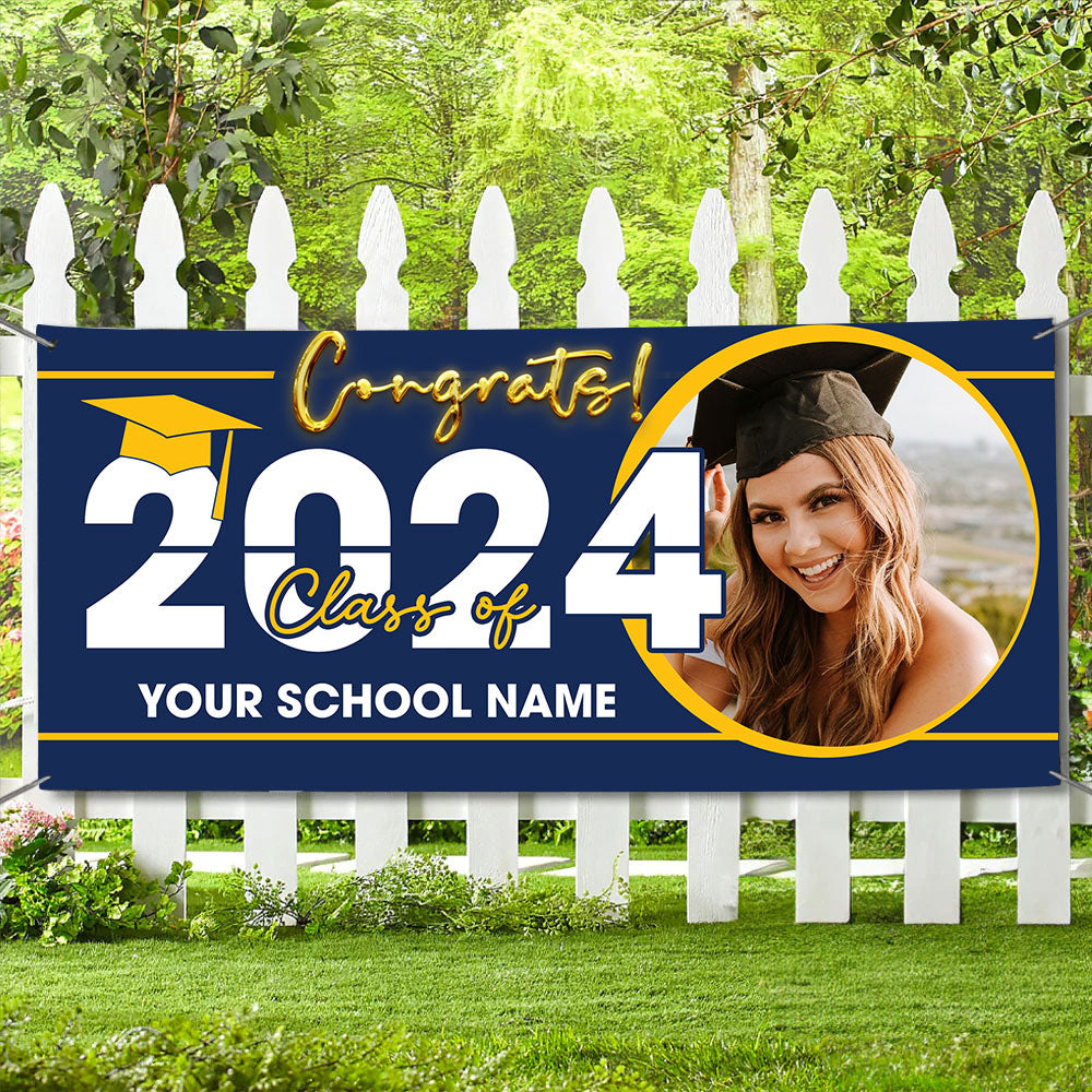 Congrats Class Of 2024- Personalized Photo And Texts Graduated Banner, Decoration Gifts